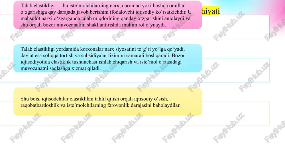 diyotida talab elastikligining turli ko‘rinishlari kuzatiladi. masalan, benzin, elektr energiyasi va non mahsulotlariga talab noelastikdir, chunki ular zarur tovarlar sirasiga kiradi. aksincha, kiyim-kechak, maishiy texnika va transport xizmatlariga talab nisbatan elastik hisoblanadi. 2024-yilgi statistik ma’lumotlarga ko‘ra, oziq-ovqat mahsulotlarida narx 10% oshganda talab atigi 3–4% kamaygan, bu noelastiklikni bildiradi. elektronika va smartfonlar bozorida esa narx 10% oshsa, talab 12–15% gacha kamaygan, bu yuqori elastiklikni ko‘rsatadi. talab elastikligi daromad o‘sishi, import hajmi va aholining iste’mol madaniyatiga bog‘liq. o‘zbekiston bozorida elastiklik tahlili ishlab chiqarish hajmini moslashtirish, inflyatsiya ta’sirini kamaytirish hamda iqtisodiy siyosatni optimallashtirishda keng qo‘llanmoqda. foyda tahlilining amaliy jihatlari va o‘zbekiston iqtisodiyotida qo‘llanishi korxonada foydani oshirish uchun xarajatlarni optimallashtirish, ishlab chiqarish samaradorligini oshirish va yangi bozorlarga chiqish strategiyalari muhim o‘rin tutadi. chegaraviy tahlil bu jarayonda asosiy vosita bo‘lib, har bir qo‘shimcha ishlab chiqarish birligining foydaga qo‘shadigan hissasini baholaydi. agar qo‘shimcha mahsulot birligi keltiradigan daromad uning xarajatidan yuqori bo‘lsa, ishlab chiqarishni kengaytirish maqsadga muvofiq …