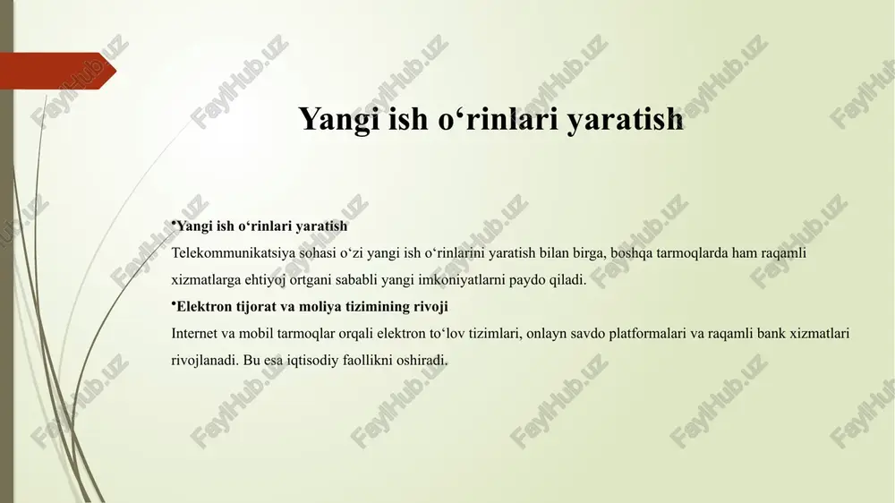 texnologiyalari va iqtisodiyot. – toshkent: tdiu nashriyoti, 2021. o‘zbekiston respublikasi raqamli texnologiyalar vazirligi. telekommunikatsiya sohasini rivojlantirish to‘g‘risidagi hisobot. – toshkent, 2013. castells, m. the rise of the network society. – oxford: blackwell publishers, 2010. oecd (organization for economic cooperation and development). broadband policies for the digital economy. – paris: oecd publishing, 2022. world bank. information and communications for development 2020: data-driven development. – washington d.c., 2020. qosimov, a. raqamli iqtisodiyot va axborot tizimlari asoslari. – toshkent: innovatsiya nashriyoti, 2022. itu (international telecommunication union). measuring digital development: facts and figures. – geneva, 2020. bekmurodov, a. o‘zbekiston iqtisodiyotini modernizatsiya qilishda telekommunikatsiya infratuzilmasining o‘rni. // “iqtisodiyot va innovatsion texnologiyalar” jurnali. – toshkent, 2021, №2. e’tiboringiz uchun raxmat image1.jpeg image2.jpeg image3.jpeg image4.jpeg image5.jpeg image6.jpeg image7.png