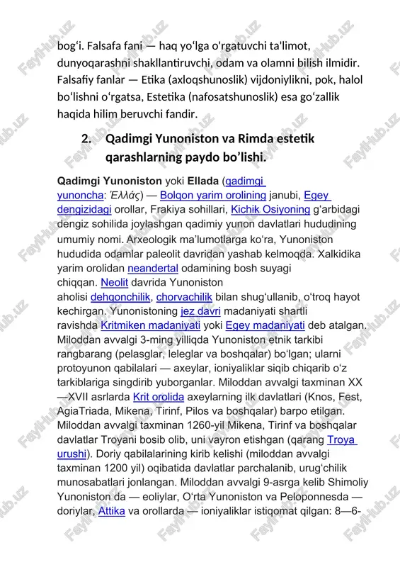 a, inson jamoasi vujudga keldi. — abu nasr forobiy, “fozil odamlar shahri” forobiy shaharni ijtimoiy uyushishning yetuk shakli, insoniyat kamolatga erishishining zaruriy vositasi, deb hisoblaydi. butun insonlarni oʻzaro hamkorlikka, xalqlarni tinchlikka chaqiradi, dunyoda yagona inson jamoasini tuzish haqida orzu qiladi. mutafakkir inson qadr-qimmatini kamsituvchi jamiyatga qarshi chiqadi. doimiy urushlar va bosqinchilikka asoslanuvchi jamiyatni adolatsiz, johil jamiyat sifatida qoralaydi. xulosa oʻzbek milliy estetikasi taraqqiyoti tarixan mintaqaviy tabiatga ega boʻlib, uning ildizlari dastlab avesto, keyin moniylikning muqaddas kitobi xuastuanift (za.)ga borib taqaladi. islom dini qabul qilingach, milliymintaqaviy estetika qurʼoni karim oyatlari va hadisi sharifdagi "alloh goʻzal va u goʻzallikni sevadi" degan tamoyil asosida rivojlandi. bunda mashshoiyyunlik (forobiy, ibn sino) bilan yonmayon tasavvuf estetikasida kubroviylik (najmiddin kubro). joʻmardlik (pahlavon mahmud), naqshbandiya (alisher navoiy) singari tariqat mutafakkirlarining goʻzallik, sanʼat va sanʼatkor borasidagi qarashlari muhim ahamiyat kasb etdi. oʻzbek estetikasi tarixida, ayniqsa, temuriylar davri alohida oʻringa ega; navoiyning "mahbub ul-qulub", "majolis unnafois", "mezon ulavzon" asarlari, …