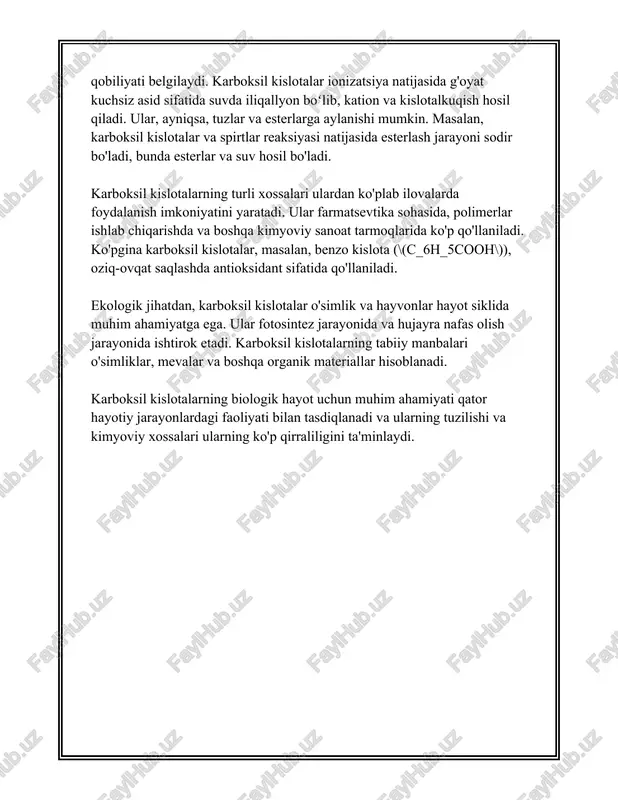 di (-coo^-), bu esa aminokislotaning suyuqlikdagi eruvchanligi va zaryad holatini ta'sir qiladi. 3. **biologik faol moddalarning faolligi**: karboksil guruh aminokislotalarning biologik faol modda sifatidagi funksiyalarini ham nazorat qiladi. ayrim fermentlar va reseptorlar aminokislotadagi karboksil guruhlarining faolligiga bog'liq funksiyalarni bajaradi. aminokislotalar tabiatda turlichadir, ammo eng ko'p uchraydiganlari va ular biologik jarayonlardagi funksiyalari tufayli yaxshi o'rganilgan turi — 20 ta proteogen aminokislotalardir. yosh o'simliklar, hayvonlar va odam organizmlarida aminokislotalarning yetarlicha miqdorda mavjud bo'lishi oqsil sintezi hamda terining, mushaklarning va boshqa to'qimalarning salomatligini ta'minlaydi. aminokislotalar uchun muhim raqamlar quyidagilardir: - umumiy 20 ta asosiy aminokislota mavjud bo'lib, ularning 9 tasi odam organizmi tomonidan sintez qilinmaydi va ovqat orqali qabul qilinishi kerak. - har bir aminokislotaning molekulyar massa intervali odatda 89 dan 204 g/mol atrofida bo'ladi. - aminokislotalar protein sintezi jarayonida ketma-ket joylashadi va taxminan 100 dan 10000 ta aminokislota molekulalaridan tashkil topgan oqsil zanjirlarini hosil qiladi. kelib chiqishi nuqtayi nazardan, aminokislotalar ikkiga bo'linadi: …