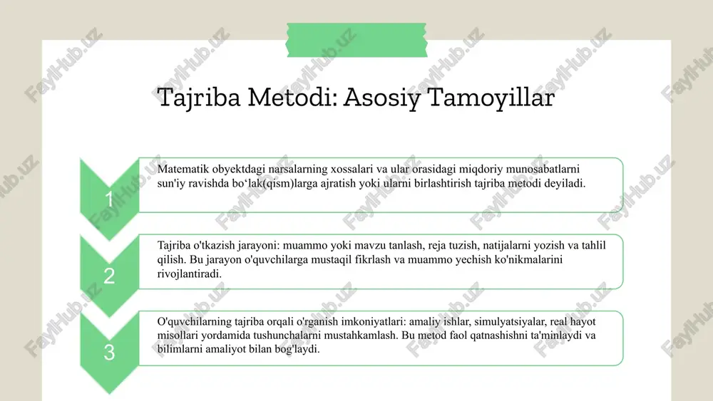 aniqlay oladilar. uning xususiyatlaridan biri, taqqoslash aniq va konkret bo'lishi, fikrlashni rivojlantirishi va murakkab tushunchalarni tushunarli qilish imkoniyatini yaratadi. bu metodning afzalliklari esa, analitik ko'nikmalarni oshirish va muammoni yechishga yordam beradi. ta'limda taqqoslashning o'rni katta. u tushunchalarni mustahkamlash, mustaqil fikrlash va tahlil qilish qobiliyatlarini rivojlantirishga yordam beradi. to'g'ri qo'llash, bilimlarni chuqurlashtiradi va amaliy ko'nikmalarni shakllantiradi. taqqoslash metodining o'ziga xosligi analogiya(o'xshatib) metodi matmetikada fikr yuritishni yana bir muxim ko‘rinishlaridan biri bu ‘roduktiv ya'ni (lotinchadan-almashtirish) almashtirish uslubdagi ko‘rinishi bo‘lib bu - bir yoki bir nechta fikrlarining umumiylikdagi ko‘rinishlarini yangi umumiylikdagi ko‘rinishlarga olib o‘tishni bildiradi. bunda asosan bir necha obhektlarni qandaydir munosabatdagi o‘xshashliklarini boshqa umumlashgan ko‘rinishdagi o‘xshashlikka olib o‘tishni anglatsa, analogiya esa – qandaydir s qoida a, b, c, d xossalarga bo‘ysunishini bilgan holda s1qoidania, b, c xossalarga bo‘ysunganiga qarab s1qoida d xossaga ham bo‘ysunadi degan xulosa chiqarish uslubiga aytiladi. odatda bunday xulosa chiqarish uslubi odatda uxshatib analogiya deyilishini aniqladik. sodda va keng …