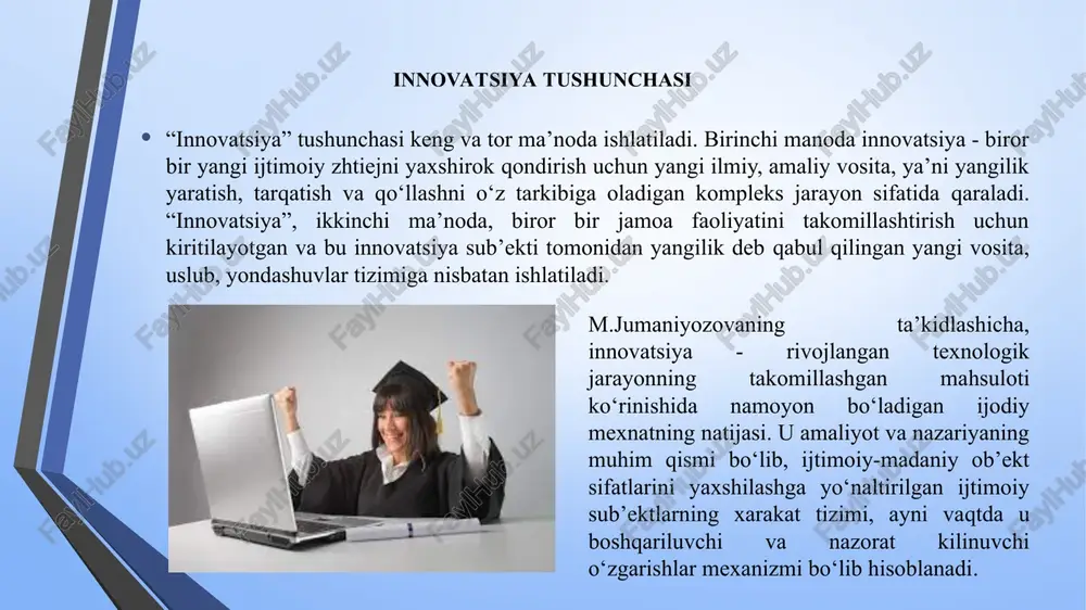ogik innovatsiyalarni baholashning umumiy jihatlari pedagogik innovatsiyalarning bunday xilma-xilligi boshqaruv jarayonida ularni aniq mezonlar asosida tanlab olishni taqozo etadi. pedagogik innovatsiyalarni baholashning umumiy jihatlariga quyidagilarni kiritish mumkin: 1) baholanayotgan yangilikning dolzarbligi; 2) yangilikning ta’lim muassasasi rivojining umumiy g‘oyasiga mosligi; 3) yangilik kiritishning natijaviyligi; 4) g‘oyaning innovatsion salohiyati; 5) g‘oyaning metodik ishlanganligi; 6) yangilik o‘zlashtirilayotgan muassasaning salohiyat darajasi. pedagogik innovatsiyalarni baholashning umumiy jihatlari 7) yangilikka munosabati bo‘yicha turli guruhdagi o‘qituvchilarning qiziqishlari darajasi; 8) o‘zlashtirish uchun zarur vaqt; 9) yangi g‘oyani o‘zlashtirish uchun sarflanadigan moliyaviy va moddiy-texnik ta’minot; 10)tashkiliy shart-sharoitlar; 11)me’yoriy-huquqiy ta’minlanganlik; 12) pedagogika nazariyasi va amaliyotining so‘nggi yutuqlariga mosligi. innovatsion menejment innovatsion menejment – bu innovatsion jarayonlar, innovatsion faoliyat, bu faoliyat bilan band bo‘lgan tashkiliy tuzilmalar va ularning xodimlarini boshqarish tamoyillari, usullari va shakllarning majmuasidir. menejmentning har qanday boshqa sohalari uchun kabi, uning uchun ham quyidagilar xos: maqsadni qo‘yish va strategiyani tanlash, davraning to‘rtta bosqichi: 1) rejalashtirish; 2) shartlarni belgilash va …