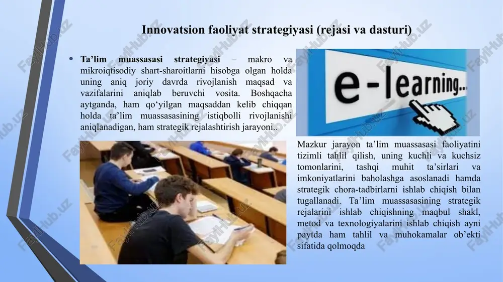 gan vaziyat vujudga kelishi mumkin. masalan, xodimning yuqori tashkilot faoliyatini etarli darajada anglab etmasdan firmaning umumiy maqsadlariga to‘g‘ri kelmaydigan maqsadni tanlashi mumkin. bu xodimning etarli darajada puxta bilimga egaligi bilan bog‘liq. bunday xatolar ko‘pincha xodimning o‘z imkoniyatlarini erkin tahlil qila olmasligi natijasida paydo bo‘lishi mumkin. firma mana shunday xatoga yo‘l qo‘ymasligi uchun rahbar va unga bo‘ysunuvchi xodim birgalikda maqsadni mulohaza qiladilar, uning imkonli variantlarini, ularga erishish usularini, kutiladigan natijalarni va ularning baholanishini ko‘rib chiqadi. maqsad va rejalarni ishlab chiqishda tegishli mutaxassislarni jalb qilish bir qator holatlarda foydadan xoli bo‘lmaydi. nazorat savollari 1. innovatsion va strategik menejmentning majmuaviy mazmuni 2. innovatsion faoliyat strategiyasini (rejasi va dasturini) 3. maqsadlarning tavsiflari 4. maqsadli strategik jarayon 5. strategiyani ishlab chiqishda muammolarni echish va oldini olish e’tiboringiz uchun raxmat! @ - learn. xs cee guideline (rh > polcies& © xf -agreseury