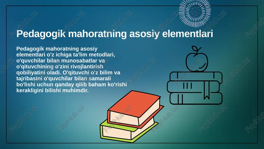 ta'siri o'qituvchining pedagogik mahorati, talabalarning o'qish natijalariga bevosita ta'sir qiladi. yaxshi o'qituvchi, talabalarning individual ehtiyojlarini tushunib, ularga mos pedagogik yondashuvlar bilan yordam berishi zarur. bu esa, ta'lim jarayonining samaradorligini oshiradi. pedagogik mahoratning ahamiyati shuningdek, o'qituvchining pedagogik mahorati, ijtimoiy va emosional rivojlanishga ham ta'sir ko'rsatadi. o'qituvchilar, talabalar o'rtasida sog'lom muloqot va hamkorlikni rivojlantirishda muhim rol o'ynaydi. ular, o'z bilimlarini zamonaviy usullar bilan yetkazish orqali, talabalar o'zlashtirishini osonlashtiradi. bu esa, ularning o'qish jarayonidagi ishtirokini oshiradi va muvaffaqiyatlarini ta'minlaydi. pedagogik mahoratning ahamiyati ular, o'z bilimlarini zamonaviy usullar bilan yetkazish orqali, talabalar o'zlashtirishini osonlashtiradi. bu esa, ularning o'qish jarayonidagi ishtirokini oshiradi va muvaffaqiyatlarini ta'minlaydi. o'qituvchining pedagogik mahorati, ta'lim jarayonida o'zgarishlarni keltirib chiqaradi. o'qituvchilar, innovatsion yondashuvlar va metodlarni qo'llash orqali talabalar bilan samarali muloqot o'rnatishlari mumkin. "diqqat qilganingiz uchun rahmat." image1.jpeg image2.png image3.svg image3.png image4.png image5.png image7.svg image6.png image9.svg image7.png image11.svg image8.png image13.svg image9.png image10.png image11.png image17.svg image12.png image13.png image14.png image15.png image16.png image17.png image18.png image19.png …