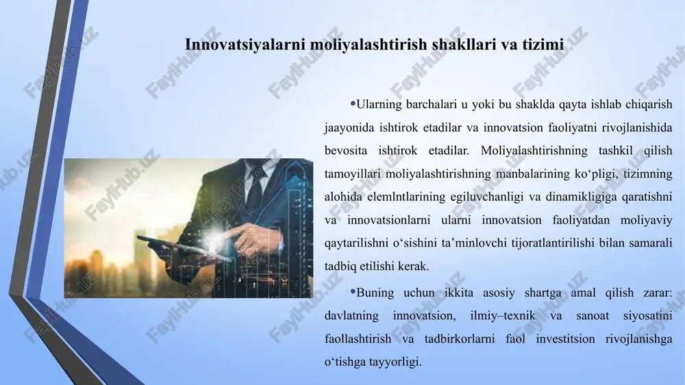 on usullarini rivojlantirish. berilgan usulga ishchilarning imkoniyatlarini ochish, ijodini rag‘batlantirish, yangilikka intilishni kuchaytirish, yangi, ko‘p xomashyo talab qilinmaydigan qarorlarni izlash kabi forma va metodlar xos. bunda tashkiliy strukturani, odatda, tekis deyiladi, shuning bilan birga yuqori boshqaruvchilar va ijrochilar orasidagi daraja eng minimal hisoblanadi. ilm, ishlab chiqarish va bozorni integratsiyalashuvi muammosi bilan bog‘liq butun ilmiy qayta ishlab chiqarish siklida strategik qarorlarni qabul qilishni ta’minlovchi innovatsion anametik strategik markazlarni shakllantirish. ilmiy, ilmiy-texnik va innovatsion faoliyat sohasida tashqi iqtisodiy aloqalarni amalga oshirish, aqliy mehnatni xalqaro taqsimlanishida qatnashish, yirik innovatsion dasturlar va loyihalarni amalga oshirish. innovatsiya loyihalarini moliyalashtirish xususiyatlari menejment ular qayta ishlanishiga tashkiliy, rag‘batlantiruvchi, resurslarni, iqtisodiy, ijtimoiy, pisixologik va boshqa formalarni kiritib beradi. bu vazifalarni menejment korporatsiyaning ilmiy menejerlik bo‘limlarini olgan strukturalar bilan birgalikda yaratilish yo‘li bilan echish mumkin. shuning uchun kompleks ilmiy texnik markaz (itm) tashkil etadi. menejerlar bu markaz orqali korporatsiyada yangi ilmiy ishlarni tashkil qilishi kerak. innovatsiya loyihalarini moliyalashtirish xususiyatlari …