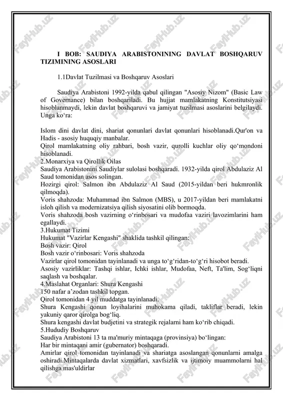 lanadi. shura kengashi qonun loyihalarini muhokama qiladi, takliflar beradi, lekin yakuniy qaror qirolga bog‘liq. shura kengashi davlat budjetini va strategik rejalarni ham ko‘rib chiqadi. 5.hududiy boshqaruv saudiya arabistoni 13 ta ma'muriy mintaqaga (provinsiya) bo‘lingan: har bir mintaqani amir (gubernator) boshqaradi. amirlar qirol tomonidan tayinlanadi va shariatga asoslangan qonunlarni amalga oshiradi.mintaqalarda davlat xizmatlari, xavfsizlik va ijtimoiy muammolarni hal qilishga mas'uldirlar 6.sud tizimi va huquqiy asoslar saudiya arabistonining sud tizimi to‘liq shariat (islom qonunlari)ga asoslanadi. jinoyat ishlari, fuqaro huquqlari va oilaviy masalalar shariat sudlari tomonidan ko‘rib chiqiladi. qirol sud qarorlarini o‘zgartirish yoki bekor qilish huquqiga ega. 7.siyosiy partiyalar va saylovlar mamlakatda siyosiy partiyalar va umumiy saylovlar mavjud emas. mahalliy darajada, masalan, munitsipalitet saylovlari o‘tkazilishi mumkin, lekin ular ham qat'iy nazorat ostida bo‘ladi. 8. vision 2030" strategiyasi 2016-yilda voris shahzoda muhammad ibn salmon tomonidan e'lon qilingan keng qamrovli islohotlar dasturi. neftga qaramlikni kamaytirish, iqtisodiyotni diversifikatsiya qilish, turizm, texnologiya va ta'lim sohalarini rivojlantirish maqsadini …