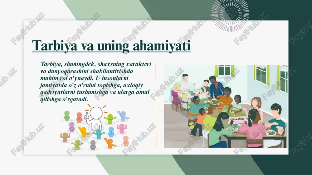 adaniyat tarbiyada to'rtinchi darajali omil hisoblanadi. har bir madaniyat o'ziga xos tarbiyaviy yondashuvlar va qadriyatlarni shakllantiradi, bu esa farzandlar tarbiyasiga ijobiy yoki salbiy ta'sir ko'rsatishi mumkin. "e'tiboringiz uchun rahmat." image1.jpeg image2.png image3.svg image3.png image5.svg image4.png image7.svg image5.png image9.svg image6.png image7.png image8.png image13.svg image9.png image15.svg image10.png image17.svg image11.png image19.svg image12.png image13.png image22.svg image14.png image24.svg image15.png image16.png image17.png image18.png image19.png image30.svg image20.png image21.png image33.svg image22.png image35.svg image23.jpeg image24.png image38.svg image25.png image26.png image41.svg image27.png image43.svg image28.png image29.png image46.svg image30.png image48.svg image31.jpeg image32.png image51.svg image33.png image53.svg image34.png image55.svg image35.png image36.png image58.svg image37.png image60.svg image38.png image62.svg wy - for ze mwy mi\\ ats 4 mf sociocultural colleague curriculum ‘eform culture students interact, teachers' individual characteristics educational resources work context og aj ai /docprops/thumbnail.jpeg