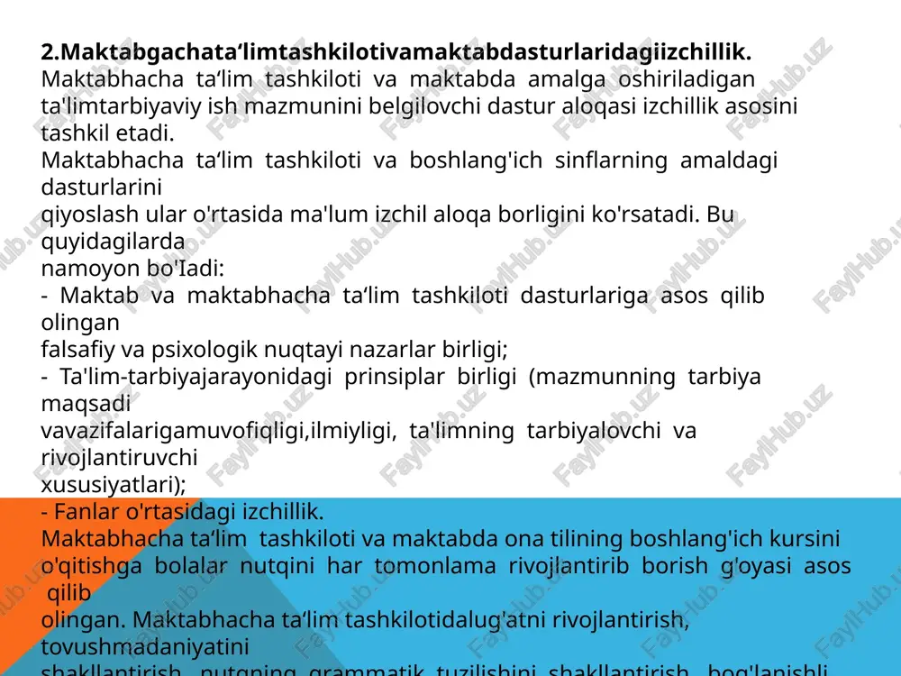 ot va darsning mazmunan dasturlashganligi va vaqt jihatdan cheklanganligi; - ta'limda pedagogning yetakchi roli; -ilm iy asoslangan o'qitish metodi va usullaridan foydalanish; - ta'lim jarayonida pedagogik, innovatsion va axborot texnologiyalarini qo'llash. bu umumiy xususiyatlar ta‘lim shakllaridagi izchillik uchun zamin yaratadi. 3.bolalarning maktabda o'qishga tayyorgarligi maktabgacha yoshdagi bolalarni maktab ta'limiga tayyorlash bu - o'qitish samaradorligini oshirishdagi muhim jihat hisoblanadi. maktabda o'qishga tayyorgarlik - bu maktabhacha ta‘lim tashkiloti va oilada bolalarga berilgan ta'lim-tarbiyaning muhim natijasidir. u maktab bolaga qo'yadigan talablar majmuyi orqali aniqlanadi. bu talablarning o'ziga xos tomoni o'quvchining yangi sotsial-psixologik o'rni, u bajarishi lozim bo'lgan yangi vazifa va burchlarni o'zida mujassam qiladi, maktabda o'qishga tayyorgarlik tushunchasi. bola hayotida maktabdagi o'qitish jarayoni atrofdagilar bilan munosabat tizimini o'zgarishiga aloqador muhim davrdir. bunda ijtimoiy ahamiyatga ega bo'lgan o'quv faoliyati bola hayotida markaziy o'rinni egallaydi. bunda erkin o'yin faoliyatini farqli ravishda majburiy faoliyat egallaydi. endi 1-sinf o'quvchisidan quyidagi jiddiy munosabatlar talab etiladi: - ta‘lim faoliyatining …