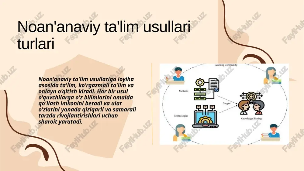 i joriy etish nafaqat o'quvchilarning bilimini oshiradi, balki ularning ijtimoiy ko'nikmalarini ham rivojlantiradi. bu esa, o'z navbatida, jamiyatda ijobiy o'zgarishlarga olib keladi. noan'anaviy ta'lim shakllari o'quvchilarning qiziqishini oshiradi. ular o'qituvchilarga o'quv jarayonini yanada qiziqarli va mazmunli qilish imkonini beradi. bunday usullar o'quvchilarning faolligini oshirishga yordam beradi. "e'tiboringiz uchun rahmat." image9.svg image1.png image2.png image3.svg image3.png image5.svg image4.png image7.svg image5.png image6.jpeg image8.png image7.png image12.svg image9.png image15.svg image10.jpeg image11.png image18.svg image12.jpeg image13.jpeg image14.png image22.svg image15.png methods a technologies knowledge sharing learning theories learner as a data processor. information. cognitivism focuses on the mental c c0 gn itivism processes of the brain, thinking of the ) /docprops/thumbnail.jpeg etishning noan shakli ++
