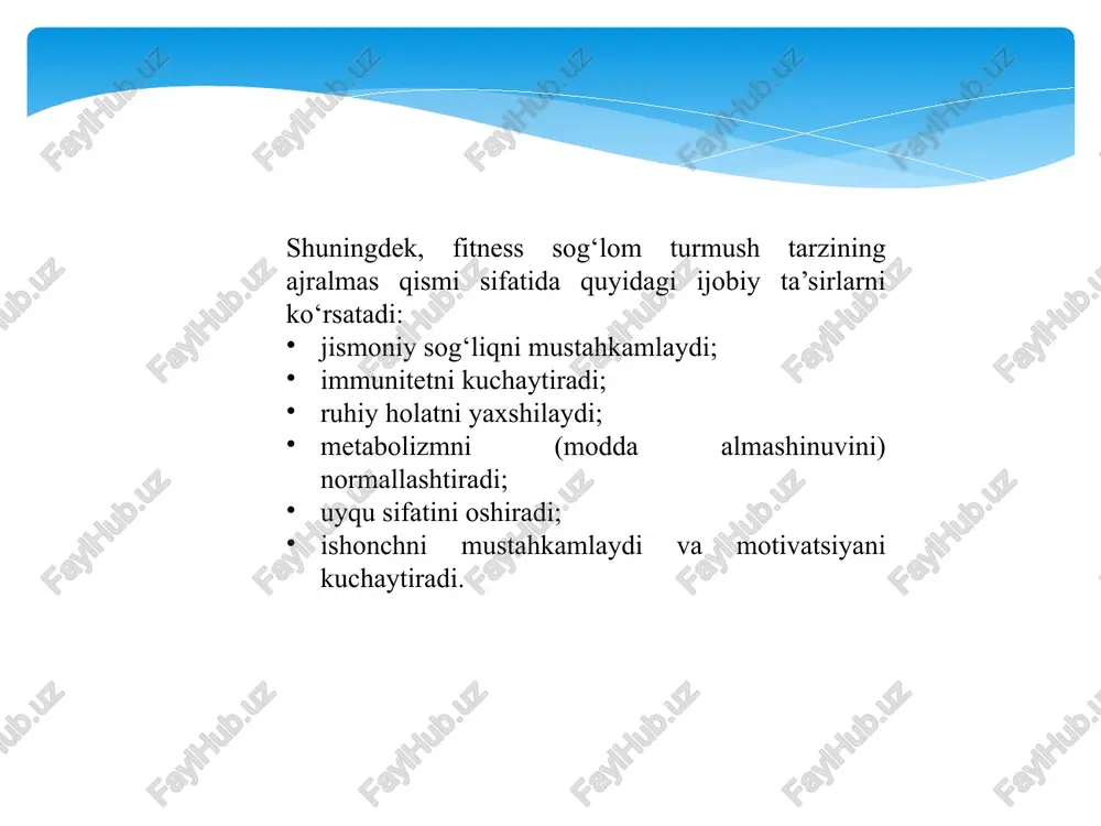 “infra-m”, 2020. – 245 b. 3. bekmurodov o. dasturlash asoslari va mobil tizimlar arxitekturasi. – toshkent: “innovatsiya nashriyoti”, 2022. – 198 b. 4. ganieva n.m. axborot tizimlarida foydalanuvchi interfeysi dizayni. – samarqand: “samdu nashriyoti”, 2023. – 172 b. 5. hasanov r. kompyuter grafikasi va dizayn asoslari. – toshkent: “iqtisod-moliya”, 2019. – 220 b. 6. jo‘rayev a., yo‘ldoshev b. mobil dasturlar yaratish texnologiyasi. – toshkent: “tatu nashriyoti”, 2021. – 187 b. 7. karimov n.a. raqamli sog‘lomlashtirish texnologiyalari va tibbiy axborot tizimlari. – toshkent: “oliy ta’lim”, 2020. – 160 b. foydalanilgan internet saytlar 1. https://www.healthline.com – fitness va sog‘lom turmush bo‘yicha ilmiy maqolalar bazasi. (ko‘rilgan sana: 2025-yil 8-oktabr). 2. https://www.who.int – jahon sog‘liqni saqlash tashkiloti – sog‘lom hayot uchun raqamli yechimlar bo‘yicha hisobotlar. (ko‘rilgan sana: 2025-yil 8-oktabr). 3. https://developer.android.com – mobil ilovalar ishlab chiqish bo‘yicha texnik hujjatlar va qo‘llanmalar. (ko‘rilgan sana: 2025-yil 8-oktabr). 4. https://uxdesign.cc – ui/ux dizayn tamoyillari, foydalanuvchi tajribasini yaxshilash …