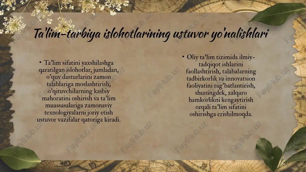 y taraqqiyotga qo'shadigan hissasi ta'kidlanadi. ta'lim tizimida yangi texnologiyalarni qo'llash mamlakatning kelajakdagi raqobatbardoshligini ta'minlaydi. ta'limning ustuvor yo'nalishlari shavkat miromonovich mirziyoyevning asarlarida ta'lim sohasidagi ustuvor yo'nalishlar aniq belgilab berilgan. ushbu yo'nalishlar orasida sifatli bilim berish, zamonaviy ta'lim metodlarini joriy etish, o'qituvchilar malakasini oshirish va ta'lim muassasalarining moddiy-texnik bazasini mustahkamlash kabi masalalar ustuvor hisoblanadi. ta'lim-tarbiya masalalari prezident mirziyoyev asarlarida ta'lim-tarbiya masalalari doirasida yosh avlodning ma'naviyatini yuksaltirish, milliy qadriyatlarni asrab-avaylash va ularni zamonaviy dunyoqarash bilan uyg'unlashtirish muhim o'rin tutadi. bu borada milliy istiqlol g'oyasi va ma'naviyat asoslari, shuningdek, yoshlarni vatanparvarlik ruhida tarbiyalash alohida ta'kidlanadi. ta'limdagi yangi istiqbollar oliy ta'lim tizimini xalqaro standartlarga moslashtirish va dunyo ta'lim bozorida raqobatbardosh kadrlar tayyorlash ham muhim vazifalardan biridir. shu bilan birga, ilmiy-tadqiqot ishlarini faollashtirish va innovatsiyalarni qo'llab-quvvatlash kerak. prezident mirziyoyevning ta'lim sohasiga oid asarlarida ta'kidlanishicha, raqamli ta'lim resurslarini kengaytirish va masofaviy o'qitish tizimlarini rivojlantirish zarur. bu orqali ta'limning qamrovini oshirish va sifatini yaxshilash mumkin. "e'tiboringiz uchun rahmat" …