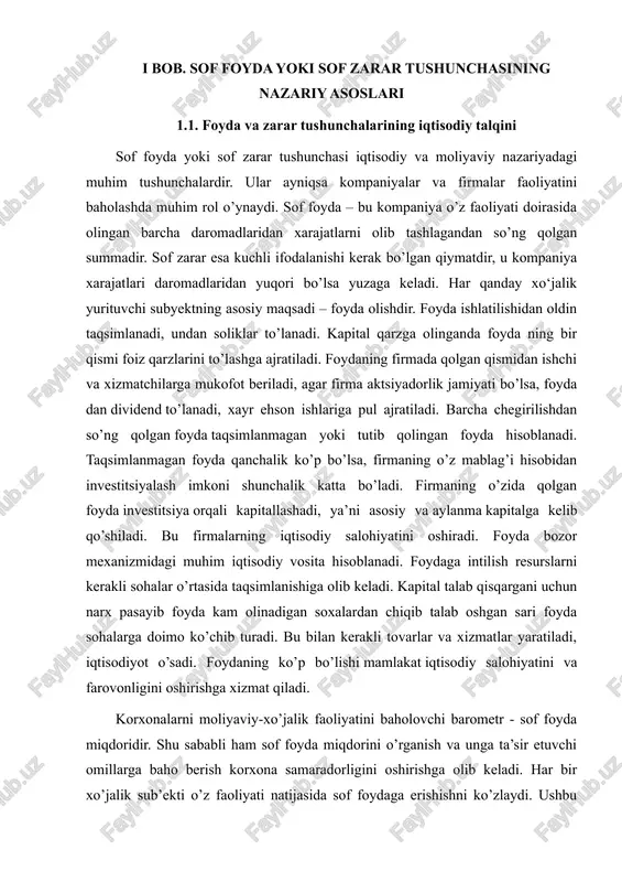 umot beradi. foyda va unga ta'sir etuvchi omillarni yaxlit holda, ya’ni makroiqtisodiyot darajasida o’rganilayotgan jarayonda mamlakat barcha fuqarolari, tadbirkorlar, davlat va chet el iste’molchilarining jami tovarlar va xizmatlar turlari bo’yicha talabi va taklifini o’rganish iqtisodiyotni samarali va muvozanatli yuritishda muhim ahamiyatga egadir. tahlil davomida yalpi talab va yalpi taklifga ta’sir etuvchi omillar, ular ta’sirida narxlar darajasining o’zgarishi hamda ishlab chiqarishning muvozanatli hajmi qanday o’rnatilishini bayon etiladi. kurs ishining predmeti. ishlab chiqarish korxonalari foydasi davlatda juda kata o’rin egallaydi. bunday sharoitda, davlat tomonidan korxonalar xo‘jalik- moliyaviy faoliyatini tartibga solish, ularga turli imtiyozlar berish va qo‘shimcha moliyaviy resurslar bilan ta’minlash, korxonalarda yuzaga kelishi mumkin bo‘lgan risklarni kamaytirishda muhim ahamiyat kasb etadi. bu borada mamlakatimizda ham ko‘plab ijobiy ishlar amalga oshirilib kelinmoqda. kurs ishining obyekti. korxonalarda moliyaviy foydani boshqarish quyidagi asosiy jarayonlarni o’z ichiga olishi lozim: - ma'lum davrlar oralig’ida korxonalar moliyaviy barqarorligini ta'minlovchi asosiy ko’rsatkichlarni rejalashtirish; - korxonalar moliyaviy barqarorligini aniqlovchi asosiy …