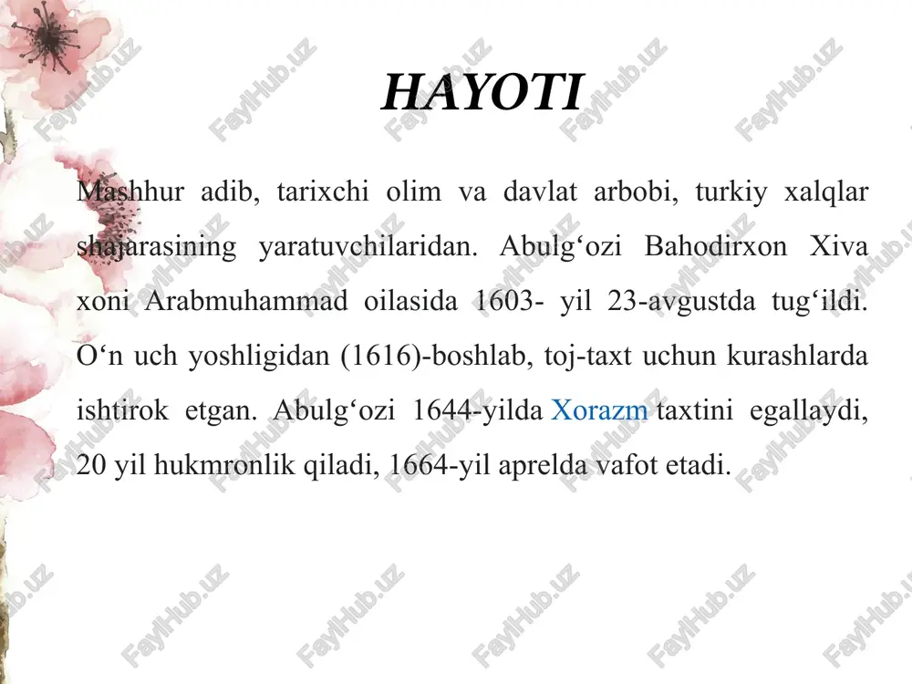 oldimizda o’ldi. g’amxo’ri yo’q”, teb. o’g’ul o’kundi, otini qipchoq qo’ydi. qadim turk tilinda ichi qo’sh yog’ochni qipchoq derlar erkandur. aning uchun ul o’g’lon yog’och ichinda tug’di deb, otin qipchoq qo’ydilar. bu vaqtda ham ichi qo’sh yog’ochni qipchoq deytururlar”. shish – payg’ambar nomi. asarda bu nom quyidagicha izohlanadi: “shishning ma'nosi haybatulloh temak bo’lur”. anush - shish payg’ambarning o’g’li. bu nom quyidagicha izohlangan: “anushning ma'nosi sodiq temak bo’lur”. debboqo’yxon – “yofas avlodidan to’takning nabirasi, ablachaxonning o’g’li. o’lar vaqtinda o’g’li debboqo’yxonni o’rnida o’lturtdi. debning ma'nosi taxtning yeri, boqo’yning ma'nosi el ulug’i temak bo’lur”. kirayt: “kiraytning ma'nosi qora buran temak bo’lur. bir kishining etti o’g’li bor erdi. shundan tuqqanlarig’a kiraytlar tedilar”. arlat: “ikkilanchi o’g’li arlat. aning ma'nosi otaning sevar o’g’li temak bo’lur. arlat bir kishining oti turur. aning otasi ko’p sevar erdi. aning uchun arlat tedilar. barcha arlat eli aning nasli turur”. abulg’oziyxon o’z asarlarida so’zlar etimologiyasi haqda bahs yuritar ekan ularni mo’g’ul, xitoy, …