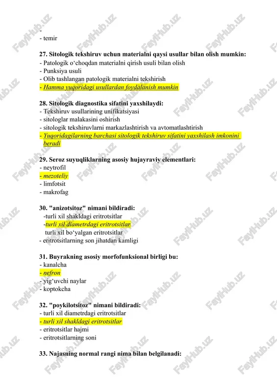 ani takroriy tekshirish · konstantalarni ishlatish · o‘rtacha normal ko‘rsatkichlar usuli · yuqorida aytilganlarning hammasi 49. o‘tkir leykoz turini aniqlashda qaysi usul samaraliroq: - periferik qon surtmasini tekshirish - sitoximik usul · suyak ko‘migi punktantini tekshirish · yonbosh suyagining trepanobiopsiyasi 50. bachadon bo‘yinchasi qin qismidan olingan surtmalarda qaysi hujayralarning bo‘lishi maqsadga muvofiq: - silindrik epiteliy hujayralari · metaplazirlangan epiteliy hujayralari · yassi epiteliy hujayralari va leykotsitlar · yassi, silindrik va metaplazirlangan epiteliy hujayralari 51. go‘sht yuvindisi ko‘rinishidagi siydik qaysi kasallikda uchraydi: pielonefrit o‘tkir glomerulonefrit · qandli diabet · buyrak amiloidozi 52. leykotsitar chapga siljish nima: · qonda degenerativ o‘zgargan leykotsitlarning paydo bo‘lishi · bu periferik qonda yosh leykotsitlarni paydo bo‘lishi (tayoqcha yadrolilar, metamielotsit va mieloblastlarning ko‘payishi) · - qonda faqat tayoqcha yadrolilarning sonini oshishi · qonda faqat segment yadroli leykotsitlarning paydo bo‘lishi 53. bachadon bo‘yinchasida aksariyat hollarda uchraydigan o‘sma: - adenokarsinoma · yassi hujayrali rak · sarkoma · shakllanmagan rak …