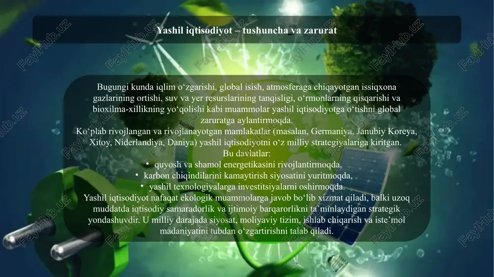 yorlanadi. ushbu hujjatlar ichida moliyalashtirish manbalari, texnologiyalarni joriy etish tartiblari, ijtimoiy qo‘llab-quvvatlash mexanizmlari va nazorat tizimlari ko‘zda tutiladi. 2.3. loyihalarni amalga oshirish va monitoring strategik hujjatlar asosida aniq loyihalar ishlab chiqiladi va amalga oshiriladi. bu loyihalar energiya samaradorligi, chiqindilarni kamaytirish, qayta tiklanadigan energiya manbalari, ekologik ta’lim va boshqalarni qamrab oladi. loyihalarni amalga oshirish jarayonida doimiy monitoring va baholash tizimlari tashkil etilib, natijalar va muammolar aniqlanadi. xulosa yashil iqtisodiyotga o‘tish jarayonining muvaffaqiyati samarali moliyalashtirish tizimining mavjudligiga bevosita bog‘liqdir. ushbu jarayonni qo‘llab-quvvatlash uchun davlat, xususiy sektor va xalqaro moliyaviy institutlarning hamkorligi va faol ishtiroki zarurdir. davlat tomonidan ajratiladigan grantlar, subsidiyalar va soliq imtiyozlari yashil texnologiyalarni joriy etishda muhim rag‘bat vazifasini o‘taydi. shu bilan birga, xususiy sektorning barqaror investitsiyalari va yashil kreditlash mexanizmlari iqtisodiyotning ekologik yo‘nalishda rivojlanishiga asos bo‘ladi. xalqaro donorlar va moliya tashkilotlarining qo‘llab-quvvatlashi ham loyihalarning moliyaviy barqarorligini ta’minlashda katta ahamiyatga ega. yashil obligatsiyalar va ekologik kreditlar kabi maxsus moliyalashtirish instrumentlari orqali …