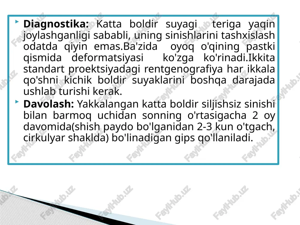 hun tizzagacha gipsli bog`lam bilan davolash mumkin va sinish chizig`i diafizgacha bolgan hollarda-sonning orqa yuzasi ortasigacha gipsli bog`lam qoyiladi. siljish bilan bo'lakli sinishlarda, shuningdek to'liq bo'lmagan bog`im ichi sinishlarda va to'liq bog`im ichi sinishlarda tanlov usuli 3-5 hafta davomida tovon suyagidan skelet tana tortmasi yordamida davolashdir.keyinchalik gips bog`lami qo'yilishi bilan. katta boldir bog`im yuzasini to'liq tiklay olmaslik jarrohlik davolanishga ko'rsatmadir.katta boldir suyagi barqaror osteosintezlash uchun-plastinalar,vintlar,spitsalar va tashqi fiksatorlar yordamida erishish mumkin. boldir-oshiq bog`imi shikastlanishlari. dyupuitren sinishi to`piqning sinishi travma mehanizmi va tasnifi:bevosita shikastlanish kamroq uchrab,unda bitta to`piqning sinishi kuzatiladi yoki bog`im og`ir shikastlanadi.bilvosita shikastlanganda tusatdan ichkariga yoki tashqariga qayrilib qolishi vertical bosim natijasida yuz beradi.ko`pincha,to`piqlarning sinishi oyoqning tashqariga qayrilishida yuzaga keladi.bunday hollarda oyoq pronatsiya,abduksiya va ekvinus holatida buladi(pronatsion sinishlar).pronatsion sinishlarda panjaning tashqariga toliq yoki chala chiqanligi kuzatilishi mumkin.oyoqning orqa qismining pronatsiyasi deltasimon boylamning cho`zilishiga va ichki to`piqning asosidan yoki boylam birikkan joyidan sinishga olib keladi.ichki to`piqning sinish chizig`i ko`ndalang bo`lib,deltasimon …
