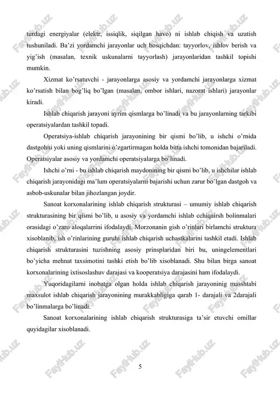 sshtabi maxsulot ishlab chiqarish jarayonining murakkabligiga qarab 1- darajali va 2darajali bo’linmalarga bo’linadi. sanoat korxonalarining ishlab chiqarish strukturasiga ta’sir etuvchi omillar quyidagilar xisoblanadi. yuqoridagi faktorlarni birma bir taxlil qilib o’tilsa, quyidagi ma’lumotlar kelib chiqadi; tarmoqqa yoki sohaga tegishliligi. ushbu omil ishlab chiqarish strukturasiga ta’sur etadi ya’ni asosiy ishlab chiqarish sexlari tarkibi har bor tarmoqda o’zgacha bo’ladi. shunday ekan, bir bosqichli struktura asosan qazib olish, kon metallurgiya sanoatiga xos, ko’p bosqichli struktura ishlov berish, maxsulot ishlab chiqarish tarmog’iga xosdir. ishlab chiqarish protsessining xarakteri. (analitik, sintetik, chiziqli) ushbu omil asosiy ishlab chiqarish jarayonlari: tayyorlovchi, ishlov beruvchi, yakunlovchi bosqichlariga, ularni rivojlantirish darajalariga o’z ta’sirini o’tkazadi. maxsulotning texnologik konstruktiv hossasi. maxsulotnik texnologik konstruktiv xossa ham ishlab chiqarish strukturasiga ta’sir etadi. masalan, radiotexnika, elektrotexnika aviasozlik sanoatida, ishlab chiqarish strukturasinining asposiy qismini ilmiy texnik markazlar, labaratoriya, sinov-tajriba sexlarini ko’rish mumkun. ushbu sanoat tarmoqlarida, maxsulot sifati, uning yuqori tezlik bilan o’zgarishi va yangi maxsulot turlarining yaratilishiga talab …