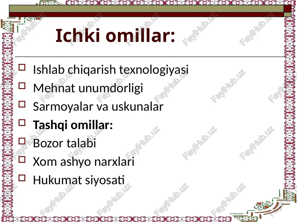 ning boshliqlarigacha - korxonaning boshqaruvchilari yoki maxsus xizmatlariga yuklatiluvchi funktsional vazifalar haqida bormoqda. munosabatlarning bunday ko’rinishdagi bir-biriga bo’ysinuvchanligi boshqaruv tizimining samarali tarzda faoliyat yuritishi uchun muhim shart hisoblanadi. shu tariqa, boshqaruv tizimi ishlab chiqarish samaradorligiga erishish va korxonaning iqtisodiy salohiyatini mustahkamlashda muhim omillardan biri bo’lib xizmat qiladi. shu bilan bir paytda ishlab chiqarish samaradorligining o’sish sur’ati, qabul qilingan yoki amalga oshirilayotgan boshqaruv tizimi progressivligining o’lchovi xizmatini ham o’taydi. bozor munosabatlari sharoitlarida korxonani boshqarishning tamoyillari, maqsad va vazifalari korxonani boshqarishda samaradorlikka erishish uchun, avvalo, boshqaruvning maqsadlari, shuningdek, vositalari va unga erishish usullarini aniq belgilab olish zarur. yuqori sifatli va raqbotbardosh mahsulotlarni eng kam xarajatlar asosida ishlab chiqarish eng ko’p daromad olishni ta’minlab, inqirozga uchrashdan saqlaydi hamda har bir korxonaning asosiy vazifasi hisoblanadi. boshqaruvning barcha vazifalari ushbu maqsad amalga oshishiga xizmat qilishi lozim. boshqaruvning samaradorligiga ko’p jihatdan korxona oldiga qo’yilgan maqsadlar va bajariluvchi vazifalarning o’zaro munosabatlari yordamida erishiladi. korxonani boshqarishning maqsadlarini quyidagi …
