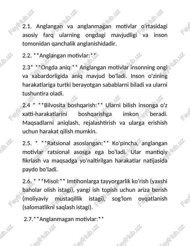 motivatsiyasiz inson yolg'izlik va ijtimoiy izolyatsiyaga moyil bo'lishi mumkin. xulosa qilib aytganda, motivatsiya inson hayotida muhim rol o'ynaydi. u shaxsiy o'sish, maqsadlarga erishish, baxt va qoniqish, qiyinchiliklarni yengish, sog'lom turmush tarzi va ijtimoiy munosabatlarni rivojlantirishga yordam beradi. motivatsiyani rivojlantirish va saqlash har bir inson uchun muhim vazifadir. 4. insonning ijtimoiy xulqi va madaniyati chambarchas bog'liq va bir-birini o'zaro shakllantiruvchi tushunchalardir. madaniyat insonning ijtimoiy xulqini shakllantiradi, ijtimoiy xulq esa madaniyatni rivojlantiradi va o'zgartiradi. 4.1. **madaniyat:** madaniyat - bu avloddan-avlodga o'tib boradigan, insonlarning hayot tarzini, qadriyatlarini, e'tiqodlarini, urf-odatlarini, san'atini, fanini va texnologiyalarini o'z ichiga olgan murakkab tizim. u insonlarning dunyoga bo'lgan qarashlarini, o'zaro munosabatlarini va ijtimoiy tuzilmalarini belgilaydi. madaniyat quyidagi elementlardan iborat: 4.2. * **qadriyatlar:** madaniyatda qabul qilingan yaxshi va yomon, to'g'ri va noto'g'ri haqidagi tushunchalar. 4.3. * **e'tiqodlar:** madaniyatda qabul qilingan dunyoqarash, din va boshqa e'tiqodlar. 4.4 * **urf-odatlar:** madaniyatda qabul qilingan an'analar, marosimlar va odatlar. 4.5. * **normalar:** madaniyatda qabul …