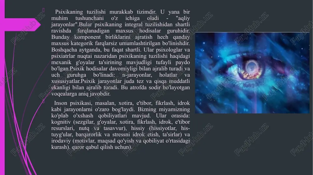 om. odamlar bilan aloqa o'rnatish, oila yoki ish muammolarini hal qilish kabi hayotning bunday sohalarida qiyinchiliklar mavjudligi u yoki bu ruhiy kasalliklarni ko'rsatishi mumkin.bunday kasallik hissiyotlar, fikrlash va xatti-harakatlar reaktsiyalarining o'zgarishi va buzilishiga olib keladi. ruhiy muammolar tananing ma'lum somatik disfunktsiyalarini keltirib chiqaradi degan fikr ham mavjud. psixologik muammolarni bartaraf etishning tibbiy-psixologik vositalarini faqat tibbiyot va psixologiya kabi faoliyat sohalarining yaqindan yordami bilan yaratish mumkin. psixika shakllarini bir-biridan buzilish turiga qarab ajratish mumkin. shu nuqtai nazardan ular tasniflanadi: sindromologik printsip, bu "yagona psixoz" mavjudligi haqidagi mavjud kontseptsiyaga asoslanadi. nozologik p-p kasalliklarning etiologik umumiyligiga koʻra boʻlinishiga asoslanadi, shuningdek patogenez va klinik koʻrinishlarning oʻxshashligi masalalari bilan bogʻliq. pragmatik p-p milliy va xalqaro sogʻliqni saqlash tashkilotlari oʻrtasida rivojlanish aloqasini oʻrnatish natijasidir. psixikaning uning buzilishlari kabi xususiyatlari ularni bir va butun fan bo'limini tashkil etuvchi turli strukturaviy birliklarga ajratish imkonini beradi. u o'ninchi revizion kasalliklarning xalqaro tasniflagichining beshinchi bo'limida tavsiflangan va jsst tomonidan ishlab …
