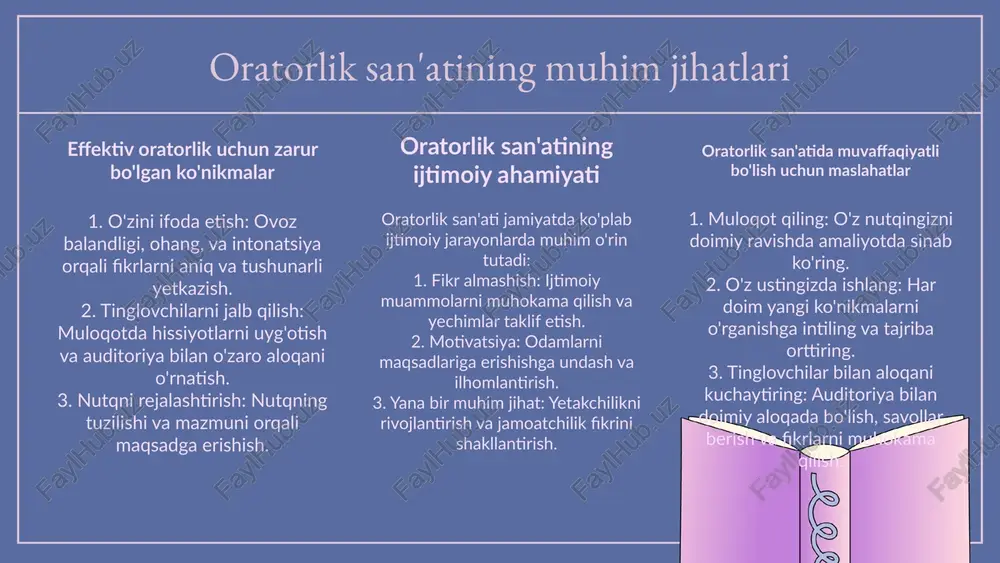 glovchilarga ma'lumotni aniq va ravon yetkazish imkonini beradi. interaktiv elementlar, masalan, so'rovlar yoki muhokamalar, tinglovchilarni jalb qilish va ularda materialni yaxshiroq tushunishga yordam beradi. vizual materiallar esa ma'lumotlarni yanada yaxshiroq eslab qolish imkonini beradi. taqdimot materiallari turli xil bo'lishi mumkin: matnli materiallar, audio/visual yordamlar va interaktiv elementlar. har bir material turi taqdimotning samaradorligini oshirishga yordam beradi. audio/visual yordamlar, masalan, slaydlar va videolar, taqdimotda vizual ko'rinishni oshirib, tinglovchilarning qiziqishini saqlashga yordam beradi. photo by ashkan forouzani on unsplash 01 03 02 04 xulosa oratorlik san'atining asosiy tamoyillari va o'zbek oratorlari haqida qisqacha ma'lumot. oratorlik qoidalari va uslublari, samimiy muloqot va auditoriyani qiziqtirish haqida ma'lumot. image3.png image4.png image5.png image10.jpg image6.png |