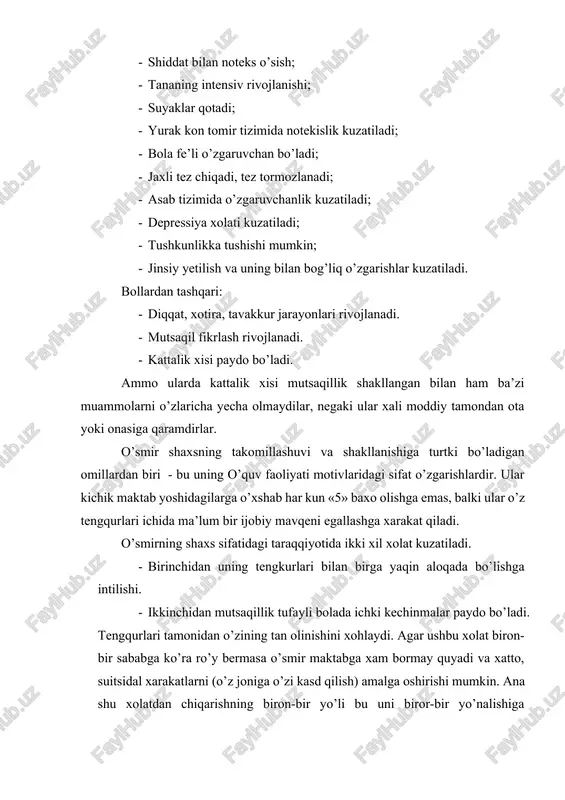 ror qabul qilish. kasbni tanlash. bunda misol uchun: avval intsitut tanlanib, keyin mutaxasislik tanlanadi. bundan tashqari, tanlashga ta’sir qiluvchi yana boshqa omillar - oilaning moddiy sharoti, o’quv maskaning og’izaki, tayyorgarlik darajasi, emotsional yetuklik, sog’liqning holati va boshqalar kiradi. yoshlardagi attraktsiya va yuksak his tuyg’ular. o’smirlik va o’spirinlik davri nafaqat kasb tanlash, balki yoshlar o’zligini anglash davri ham. attaraktsiya- (lotincha so’z attrahere-yoqtirish, o’ziga jalb qilish)-bu bir insonning boshqa bir insonga ijobiy munosabati asosida yoqishi va yoqtirishi, o’zaro moyillikni tushuntiruvchi emotsional hisdir. bu bir odamda boshqa bir odamga nisbatan shakllanadigan ijtimoiy munosabatning bir ko’rinishi bo’lib, simpatiya-yoqtirishdan tortib, to sevgi muxabbat kabi chuqur emotsional bog’liqlik ham shu his asosida paydo bo’ladi. ushbu xolat ko’pchilik xolatlarda ko’rib, tez-tez uchrashib, suxbatlashib yurgan odamlar o’rtasida sodir bo’ladi. ushbu jarayonlar quyidagi kurinishlarda paydo bo’lishi mumkin: do’stlik-psixologiya tili bilan aytganda do’st - bu «alter-e’go» ya’ni ikkinchi «men» bo’lib, u usha paytdagi «men»ning bir qismi sifatida idrok qilinadi. bu …