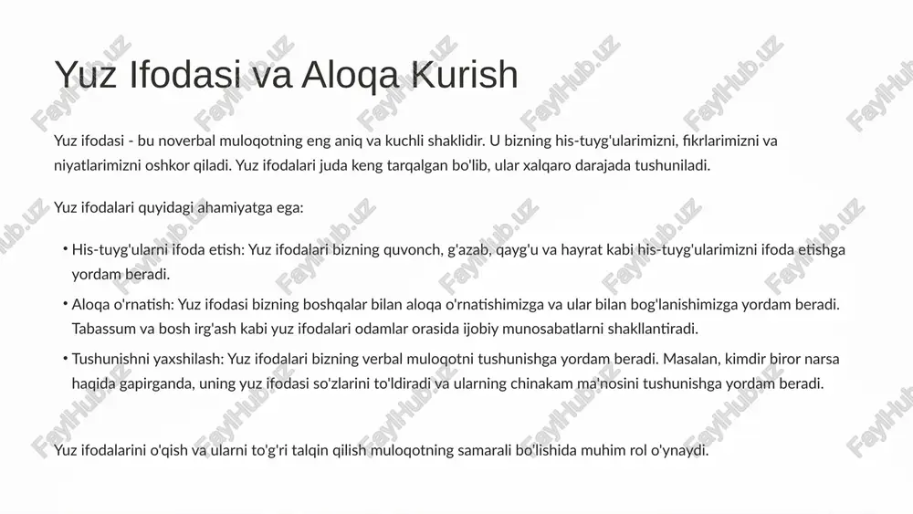 ering. ular gaplarning ma'nosini tushunishga yordam beradi. tanqidni muloyimlik bilan qabul qiling. tanqidni shaxsiy qabul qilmang va uni o'zingizni rivojlantirish uchun imkoniyat sifatida ko'ring. o'zaro hurmatni saqlang. boshqalarga hurmat bilan gapiring va ularning fikrlariga qadr-qimmat bilan munosabatda bo'ling. ushbu maslahatlarga amal qilish muloqotdagi xatolarni kamaytirishga va o'zaro tushunishni yaxshilashga yordam beradi. 1.7.2013 9 ‹#› samarali muloqot o'rnatish uchun tavsiyalar samarali muloqot - bu o'zaro tushunishga, hurmatga va ishonchga asoslangan muloqotdir. samarali muloqotni o'rnatish uchun quyidagi tavsiyalarni qo'llang: aniq va tushunarli gapiring. gapirishda so'zlarni ehtiyotkorlik bilan tanlang va ularning ma'nosini o'ylab ko'ring. tinglashga e'tibor bering. boshqalarni diqqat bilan tinglang va ularning so'zlarini tushunishga harakat qiling. o'zaro hurmatni saqlang. boshqalarga hurmat bilan gapiring va ularning fikrlariga qadr-qimmat bilan munosabatda bo'ling. noverbal signallarni qo'llab-quvvatlang. yuz ifodalari, qo'llar harakatlari va ovoz tembri yordamida gaplarning ma'nosini kuchaytiring. empatiyani namoyon eting. boshqalarni tushunishga harakat qiling va ularning nuqtai nazarini o'zingizga oling. qayta aloqa so'rang. boshqalar sizni …