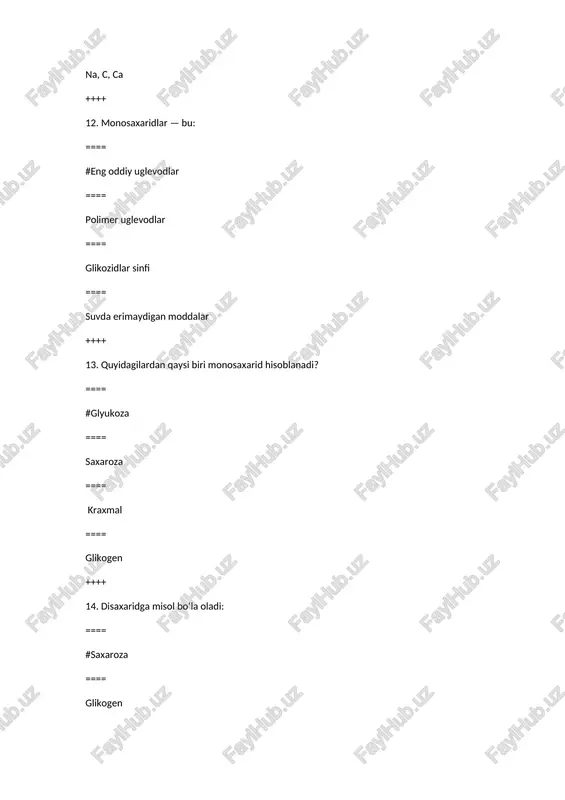 i ta’sirida qanday vitamin sintezlanadi? ==== # d vitamini ==== a vitamini ==== c vitamini ==== b2 vitamini ++++ 51. fermentlar bu — ==== # biologik katalizatorlar ==== suvni eritadigan moddalar ==== suvda erimaydigan minerallar ==== yodli eritmalar ++++ 52. fermentlar qayerda uchraydi? ==== # tirik organizmlarda ==== faqat sun’iy muhitda ==== havoda ==== neftda ++++ 53. fermentlar qanday tuzilishga ega? ==== #oqsil tabiati ==== uglevod tabiati ==== suv asosida ==== yog‘ tarkibli ++++ 54. fermentlarning asosiy vazifasi — ==== # kimyoviy reaksiyalarni tezlashtirish ==== suvni chiqarib yuborish ==== hujayralarni bo‘lish ==== energiyani tejash ++++ 55. fermentlarning faolligi nimaga bog‘liq? ==== # harorat va ph ga ==== rang va og‘irlikka ==== havo haroratiga ==== quyosh nuriga ++++ 56. amilaza qaysi moddani parchalashga yordam beradi? ==== #kraxmal ==== yog‘ ==== oqsil ==== vitamin ++++ 57. pepsin nima parchalovchi ferment? === #oqsil ==== uglevod ==== yog‘ ==== vodorod ++++ 58. lipaza fermenti …