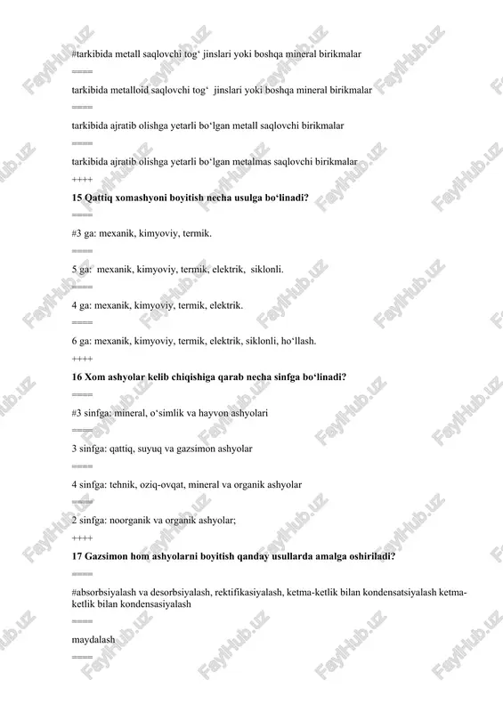 rber va desorberlar, sanoat pechlari ==== desorberlar ==== sintez apparatlari, gidrosiklonlar, yuvuvchi minerallar ++++ 30 kimyoviy reaktorning ta’rifini toping. ==== #kimyoviy reaktor deb kimyoviy reaksiyalarni massa va issiqlik ko‘chirishi bilan ko‘shib olib boruvchi jarayonlar amalgaoshiriladigan apparatga aytiladi ==== kimyoviy reaktor deb o‘lchov qurilmasiga aytiladi ==== kimyoviy reaktor deb aralashtiruvchi apparatga aytiladi ==== kimyoviy reaktor deb modds haydaladigan apparatga aytiladi ++++ 31 kimyoviy texnologik jarayonlarning tiplari qanday bosqichlardan iborat? ==== #reaksiyaga kirishuvchi komponentlarning reaksiya zonasiga kiritilishi va kimyoviy reaksiyalar va hosil bo‘lgan mahsulotlarni reaksiya zonasidan chiqarilishi ==== kimyoviy reaksiyalar va hosil bo‘lgan mahsulotlarni reaksiya zonasidan chiqarilishi ==== reaksiyaga kirishuvchi komponentlarning reassiya zonasiga kiritilishi va kimyoviy reaksiyalar ==== diffuzif va konveksiya ++++ 32 h₂so₄ olishda so₃ gazini ..... bilan adsorbsiya qilinadi. ==== # suyultirilgan sulfat kislota ==== konsentrlangan sulfat kislota ==== issiq bug‘ ==== suv ++++ 33 katalizator qanday qilib reaksiya tezligini oshiradi. ==== #sistemaning aktivlanish energiyasini kamaytirish orqali ==== reaksiyaning aktivlanish …