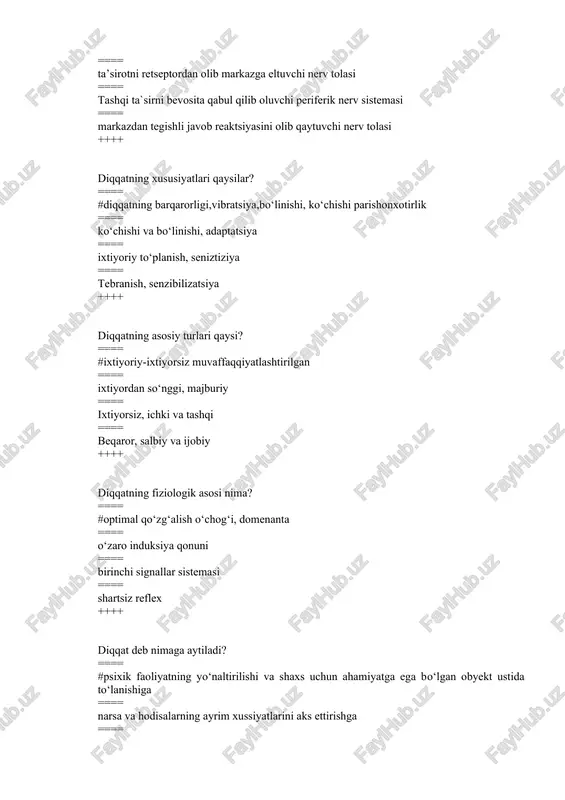 naliz,sintez ++++ qaysi javob idrok klassifikatsiyasini beradi? ==== #materiyaning yashash formasiga qarab ==== analizatorlarning joylashishiga qarab ==== qo‘zg‘atuvchining ta’siriga qarab ==== faqat aktivligiga qarab ++++ hissiyotni tashqi xususiyatlaridan ifodalanishini aniqlang ==== #(srest,affekt)yig‘lamsirash,qo‘rquv,kayfiyat ==== ma’naviy intellektual,estetik amaliyot ==== intellektuallik,mustaqillik,serg‘ayratlilik ==== (ko‘rgazmali obrazli),serg‘ayratlilik,shiddat ++++ hissiyot turlari berilgan javobni aniqlang? ==== #ijobiy, salbiy, ikkiyoqlama, noma’lum ==== ma’naviyat intellektual,estetik, amaliyot ==== intellektual, streyes ==== ko‘rgazmali obrazli ++++ mexanik esda olib qolish deb nimaga aytiladi? ==== #ma’nosini tushunmasdan esda olib qolishga ==== ma’nosini tushunib esda olib qolishga ==== ixtiriy esda olib qolishga unutishga ++++ assosiatsiya nima? ==== #biz idrok qilgan,ongimizda aks ettiradigan va xotiramizda mustaxkamlanib qolgan turlicha ==== narsalar va hodisalar o‘rtaidagi bog‘lanish ==== fazoni idrok qilish ==== bosh miya hujayralari ish faoliyati ==== o‘ylangan fikr idrok qilingan narsalarni o‘zaro bog‘liqligi ++++ xayol nima? ==== #odamning ongida ilgaridan borbo‘lgan vaqtli oraliqning qaytadan tiklashi va bir-bilari bilan ==== yangicha ko‘rishi orqali yangi arsa va hodisalardan obrazlardan …