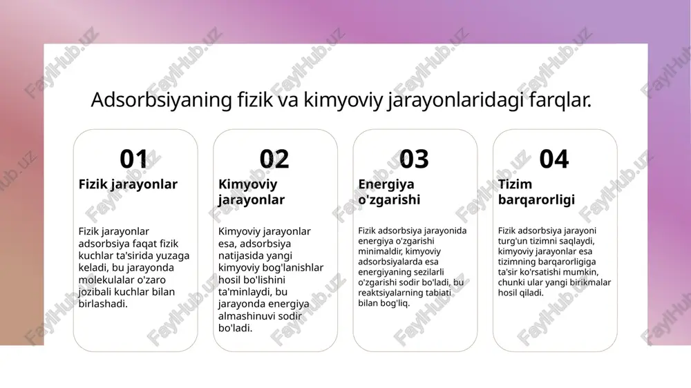 logik muammolar adsorbsiyaning ekologiya sohasidagi qo'llanilishi, ifloslantiruvchi moddalarni olib tashlash va atrof-muhitni himoya qilish kabi muhim ekologik muammolarni hal etishga yordam beradi. materialshunoslikda fizik-kimyoviy adsorbsiyaning roli va ahamiyati. materialshunoslikda roli fizik-kimyoviy adsorbsiyaning materialshunoslikda roli, yangi materiallar yaratish, ularning xususiyatlarini oshirish va samaradorligini ta'minlashda muhimdir. innovatsion yondashuvlar adsorbsiyaning innovatsion yondashuvlari, nanomateriallar va yangi texnologiyalar orqali ma'lumotlarni to'plash va tahlil qilishda qo'llaniladi. ekologik ahamiyat fizik-kimyoviy adsorbsiyaning ekologik ahamiyati, atrof-muhitni muhofaza qilish va chiqindilarni kamaytirish uchun zarur bo'lgan jarayonlarda namoyon bo'ladi. adsorbsiyaning materialshunoslikdagi qo'llanilishi: misollar va natijalar. 01 adsorbsiyaning turlari materialshunoslikda fizik va kimyoviy adsorbsiyaning qo'llanilishi, katalizatorlar va sorbentlar ishlab chiqarishda muhim rol o'ynaydi. 02 katalizatorlar adsorbsiyaning asosida katalizatorlar ishlab chiqarish jarayoni yotadi, bu jarayonlarda kimyoviy reaktsiyalarni tezlashtiradi va samaradorlikni oshiradi. 03 sorbentlar sorbentlar, masalan, aktivlangan uglerod, ifloslantiruvchi moddalarning olib tashlanishida keng qo'llaniladi, ularning adsorbsiyalash qobiliyati muhim ahamiyatga ega. adsorbsiyaning qobiliyatlari va materiallar sifatiga ta'siri. adsorbsiyaning qobiliyatlari materiallar sifatiga ta'siri sanoat qo'llanilishi adsorbsiyaning …