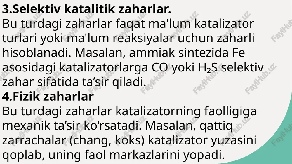 lar bo'lib, kimyoviy reaktsiya dinamikasiga jiddiy ta'sir ko'rsatadi. 2 ta'sir mexanizmlari inhibitorlar, odatda, katalizator bilan bog'lanib, uning faoliyatini pasaytiradi. bu jarayonlar natijasida reaksiya tezligi kamayadi va mahsulot hosil bo'lishi sekinlashadi. 3 sanoatdagi ahamiyati sanoat jarayonlarida inhibitorlardan foydalanish, energiya sarfini kamaytirish va mahsulot sifatini yaxshilashga yordam beradi, shu bilan birga, iqtisodiy samaradorlikni oshiradi. 3. neft va gaz sanoatida ingibitorlar neft va gaz sanoatida reaksiya jarayonlarini samarali va xavfsiz amalga oshirish uchun ishlatiladi. korroziya ingibitorlari: quvurlarda va reaktor uskunalarida yemirilishni kamaytiradi. 4. oziq-ovqat sanoatida oziq-ovqat sanoatida oksidlanish jarayonlarini sekinlashtiruvchi ingibitorlardan foydalaniladi. qo‘llanilishi: yog‘larning oksidlanishini oldini olish. sol: antioksidantlar (bha, bht). 5.. farmatsevtikada farmatsevtika sanoatida turli ferment ingibitorlari dori vositalarining asosiy tarkibiy qismlari hisoblanadi. qo‘llanilishi: yuqori qon bosimini pasaytiruvchi (ace ingibitorlari). sanoat jarayonlarida inhibitorlardan foydalanish va ularning ahamiyati. inhibitorlarning turlari inhibitorlar asosan uch turga bo'linadi: raqobatdosh, raqobatsiz va unchalik raqobatdosh bo'lmagan. har biri turli kimyoviy jarayonlarga ta'sir ko'rsatadi. sanoatdagi ahamiyati inhibitorlar sanoat jarayonlarida …