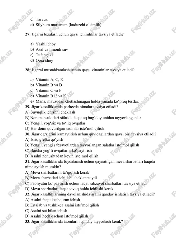 ? a) nonushta uchun faqat shirinliklar b) yog‘li va qovurilgan taomlar c) yangi sabzavotlar d) tabiiy soklar 42. jigar kasalliklarida qanday o‘simliklar yordamida davolash mumkin? a) zanjabil, qalampir va rozmarin b) yarrow, kurkuma, sarimsoq c) aloe va lavanda d) qulupnay va gilos 43. jigar kasalliklarining oldini olishda qanday turdagi ichimliklar muhim rol o‘ynaydi? a) meva sharbati b) faol spirtli ichimliklar c) issiq choy d) xamirturushli ichimliklar 44. jigar kasalligi bo‘lgan odamda og‘irlikni qanday nazorat qilish mumkin? a) faol sport bilan shug‘ullanish b) non va shirinliklardan voz kechish c) jismoniy faollikni kamaytirish d) ko‘p spirtli ichimliklar iste’mol qilish 45. jigar kasalliklarida qanday xun tabobati qo‘llaniladi? a) faqat dori-darmonlar yordamida b) parhezga qat’iy rioya qilish va tabiiy davolash usullarini qo‘llash c) spirtli ichimliklar va qovurilgan taomlar iste’mol qilish d) yengil jismoniy mashqlarni bajarish 46. jigar kasalliklarida, shifokor tomonidan yozilgan maxsus dorilar bilan birga qanday parhez tavsiya etiladi? a) to‘g‘ri va muvozanatli parhez …
