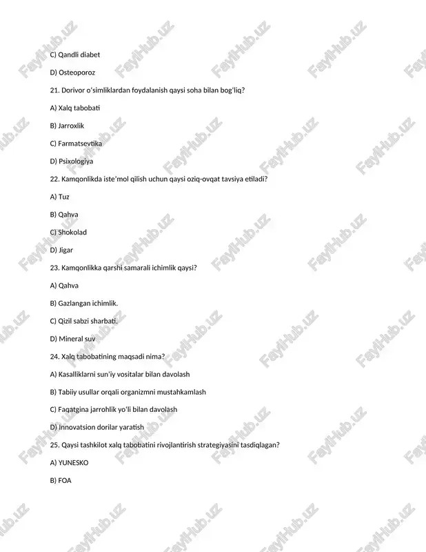 tabiiy usullar orqali organizmni mustahkamlash c) innovatsion texnologiyalarni joriy etish d) klinik tajribalarga asoslanish. 51. o‘zbekiston respublikasi bosh vazirining ta’lim va sog‘liqni saqlash masalalari bo‘yicha o‘rinbosariga mazkur qaror doirasida qanday vazifa yuklatilgan? a) xalq tabobati bo‘yicha xalqaro tashkilotlar bilan hamkorlik qilish b) xalq tabobati usullaridan foydalanuvchilarni tasniflash c) respublika va hududiy markazlar faoliyatini nazorat qilish d) qarorni sifatli, to‘liq va o‘z vaqtida ijro qilishni ta’minlash 52. mazkur qarorning ijrosini nazorat qilish kimlarga yuklatilgan? a) sog‘liqni saqlash vaziri a.k. shodmonov b) prezidentning maslahatchisi a.a. abduvaxitov va bosh vazir a.n. aripov c) sog‘liqni saqlash vazirining birinchi o‘rinbosari b.q. yusupaliyev d) jahon sog‘liqni saqlash tashkiloti 53. respublika markazi va hududiy markazlar faoliyatini samarali tashkil etish kimning zimmasiga yuklangan? a) prezidentning maslahatchisi a.a. abduvaxitov b) bosh vazirning o‘rinbosari c) sog‘liqni saqlash vaziri a.k. shodmonov d) sog‘liqni saqlash vazirining birinchi o‘rinbosari b.q. yusupaliyev 54. xalq tabobati usullaridan foydalangan holda xizmat ko‘rsatuvchi shaxslarni xatlovdan o‘tkazish vazifasi …