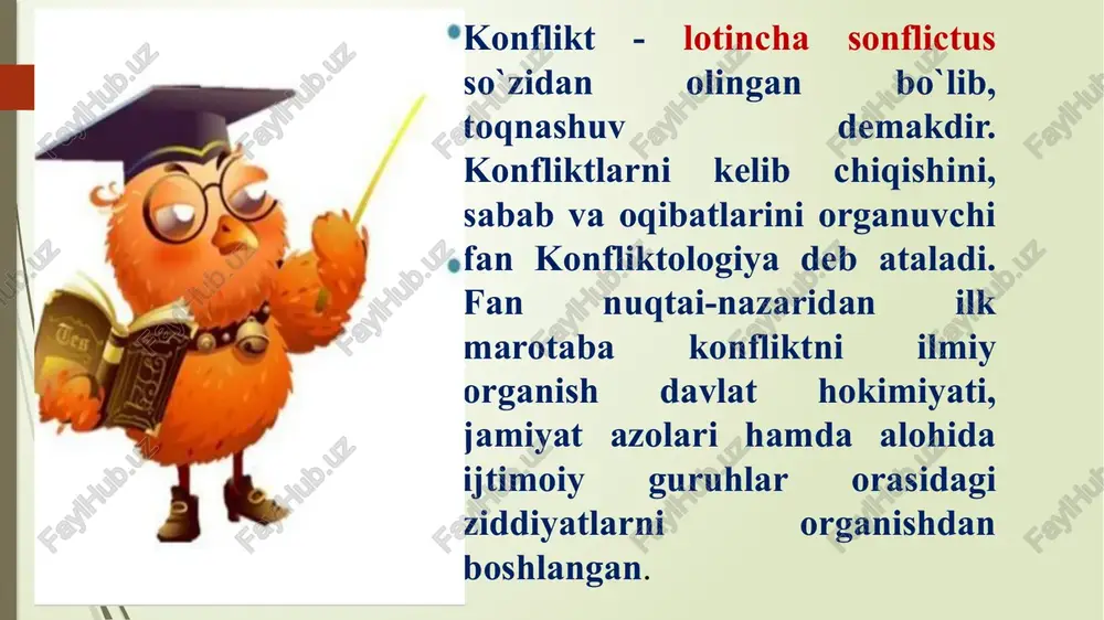 – sotsial o‘zaro ta’sir ishtirokchilarining to‘qnashuvi bo‘lib, buning sabablari sotsial konflikt ishtirokchilarining o‘zaro zid manfaatlari va qadriyatlaridir; 2. sotsial ziddiyatlarning o‘takeskinlashgan – sinflar, millatlar, davlatlar, turli sotsial guruhlar, sotsial institut kabilar manfaatlarining ular manfaatlari, maqsadlari, yolida qarama-qarshiligi yoki jiddiy farq qilishi tufayli kelib chiqadi ijtimoiy (sotsial) konflikt sabablari: 1) moddiy resurslar; 2) o‘ta muhim hayotiy ko‘rsatmalar, hokimiyat vakolatlari, shaxsga doir (emotsional-psixologik) farqlar va h.k. konfliktli qarama-qarshilik – tomonlarning o‘zaro kurashi, ya’ni bir-biriga qarshi qaratilgan harakatlari pedagogik konflikt – ta’lim tizimida pedagogik konfliktlarni vujudga kelish sabablari va tabiatini o‘rganadigan, ularni bartaraf etish usullari va amaliy tavsiyalarni ishlab chiqadigan nazariy-amaliy yo‘nalish hisoblanadi. psixologiyadagi mavjud - 4 ta temperamentni pedagog yaxshi bilishi zarur, chunki ana shu tushunchalar ta’lim tizimidagi pedagogik ziddiyatlarni oldini olishning asosiy omilidir konfliktologiyaning fan sifatida yuzaga kelish tarixi konfliktning dastlabki yaxlit konsepsiyalari xix-xx asrlar oralig‘ida paydo bo‘ldi. insonlarning dastlabki jamiyatlari bilan birga paydo bo‘lib, konfliktlar kundalik hodisalardan biri edi va …