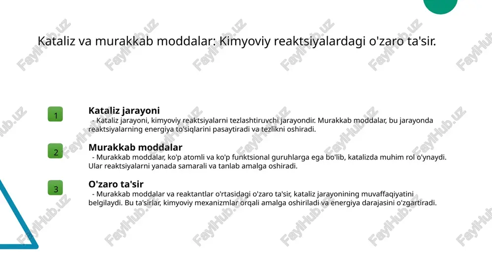tezligini oshiradi va mahsulot sifatini yaxshilaydi, natijada iqtisodiy samaradorlikni ta'minlaydi. 3 ekologik ta'siri murakkab moddalar yordamida reaksiya jarayonlari energiya sarfini kamaytiradi, bu esa ekologik barqarorlikni ta'minlashda muhim ahamiyatga ega. katalizator sifatida murakkab moddalar: samaradorlik va afzalliklar. katalizatorlar turlari murakkab moddalar, metal-komplekslar va organik birikmalar kabi turli xil katalizatorlar sifatida ishlatiladi, kimyoviy reaksiyalarni tezlashtirishda samaradorlik ko'rsatadi. samaradorlik ko'rsatkichlari murakkab moddalar katalizator sifatida yuqori samaradorlikka ega, reaksiya energiyasini pasaytirish orqali tezlikni oshirish va natijalarni yaxshilash imkonini beradi. iqtisodiy va ekologik foyda ularning qo'llanilishi, energiya tejash va chiqindilarni kamaytirish orqali sanoat jarayonlarida iqtisodiy va ekologik barqarorlikni ta'minlaydi, bu esa muhim ahamiyatga ega. sanoat jarayonlarida murakkab moddalarni qo'llanishi: misollar. sanoat ishlab chiqarish murakkab moddalar sanoat ishlab chiqarishda katalizator sifatida ishlatiladi, bu jarayonlarni tezlashtiradi va mahsulot sifatini oshiradi. energiya iqtisodiyoti murakkab moddalar energiya tejovchi jarayonlarda qo'llanilib, energiya sarfini kamaytiradi va ishlab chiqarishda samaradorlikni oshiradi. kimyoviy jarayonlar murakkab moddalar kimyoviy reaktsiyalarni tezlashtirishda muhim rol o'ynaydi, masalan, …