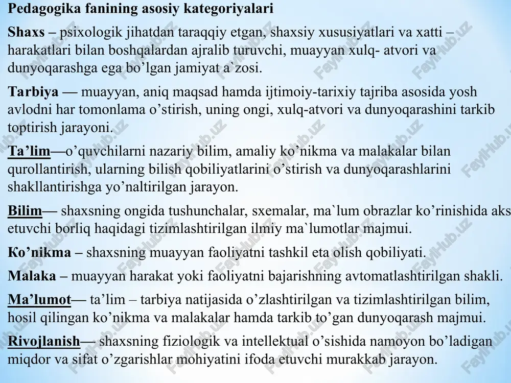 a— shaxsda ma`naviy-axloqiy, ruhiy-intellektual, hissiy- irodaviy sifatlarni tarkib to’tirish uchun zamin yaratadi. 9. tarix— pedagogika fani taraqqiyoti, ta’lim-tarbiya jarayonlarining dinamik, dialektik xususiyatlarini inobatga olish, shuningdek, xalq pedagogikasi g`oyalarini kelgusi avlodga uzatish uchun yo’naltiriladi. 10. madaniyatshunoslik— o’quvchilarda insoniyat tomonidan yaratilgan moddiy va ma`naviy madaniyat asoslari haqidagi tasavvurni shakllantirish, ularda madaniy xulq-atvor xislatlarini tarkib to’tirish uchun xizmat qiladi. 11. tibbiy fanlar— shaxsning fiziologik-anatomik jihatidan to’g`ri rivojlanishini ta`minlash, uning organizmida namoyon bo’layotgan ayrim nuqsonlarni bartaraf etishga amaliy yondashuv, shuningdek, nuqsonli bolalarni o’qitish hamda tarbiyalash muammolarini o’rganishda ko’maklashadi. zamonaviy sharoitda, pedagogik yo‘nalishda tadqiqotlami olib borishda quyidagi metodlardan foydalanilmoqda: 1. pedagogik kuzatish metodi. 2. suhbat metodi. 3. anketa metodi. 4. intervyu metodi. 5. ta’lim muassasasi hujjatlarini tahlil qilish metodi. 6. test metodi. 7. pedagogik tahlil metodi. 8. bolalar ijodini o‘rganish metodi. 9. pedagogik tajriba metodi. 10. matematik-statistik metod. o’zbek xalqi tarixan ta’lim-tarbiya sohasida o’ziga xos dorilfunun yaratgan. zotan, o’zbek madaniyati, chunonchi sharqona milliy tarbiya nazariyasi …