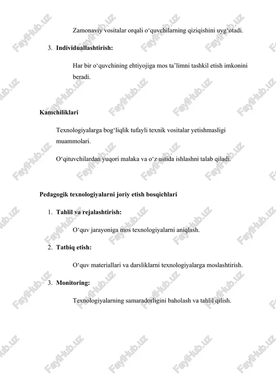 dlarining tasnifi 2.1. muammo asosida o‘qitish metodlari bu metodlar o‘quvchilarga amaliy vaziyatlar yoki muammolarni yechish vazifalarini beradi. misollar: case-study (vaziyatni o‘rganish): muayyan vaziyatni tahlil qilish va hal qilish yo‘llarini taklif qilish. muammo yechish: o‘qituvchi tomonidan berilgan muammoni tahlil qilish va echimlar ishlab chiqish. 2.2. interaktiv metodlar interaktiv metodlar o‘quvchilar o‘rtasidagi muloqotni faollashtiradi. diskussiya: dars mavzusini guruhda muhokama qilish. debatlar: qarama-qarshi fikrlarni himoya qilish va mantiqiy asoslash. klaster usuli: fikrlarni tizimlashtirish va tuzilmalash. 2.3. o‘yin metodlari o‘yinlar orqali ta’limni qiziqarli va samarali qilish. rolli o‘yinlar: belgilangan rollarni ijro etish orqali mavzuni o‘zlashtirish. simulyatsiya: amaliy vaziyatlarni modellashtirish va yechimlarni izlash. biznes o‘yinlari: qaror qabul qilish va jamoaviy ishlashni o‘rgatadi. 2.4. jamoaviy faoliyatga asoslangan metodlar guruh bilan ishlash orqali bilimlarni shakllantirish va almashish. loyihaviy ta’lim: o‘quvchilar birgalikda loyihalarni ishlab chiqadilar. guruhda muammolarni hal qilish: guruh a’zolari o‘z fikrlarini taklif qiladi va muammoni birgalikda hal qiladi. 3. faol o‘qitish metodlarini tashkil etish bosqichlari 3.1. …