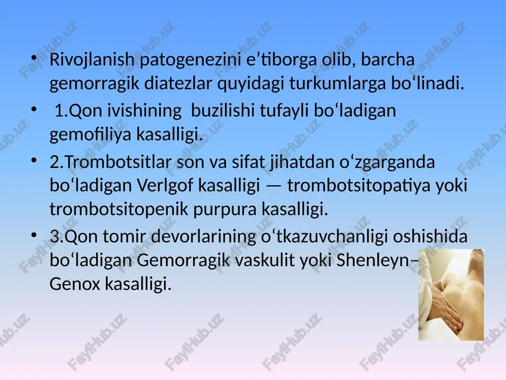 nashr etilgan zamonaviy adabiyotlardan hamda internet ma’lumotlaridan foydalanildi.taqdimotdan tibbiy bilimga ega bo’lmagan insonlar ham foydalanishlari mumkin. image1.jpeg image2.jpeg image3.jpeg image4.jpeg les /docprops/thumbnail.jpeg qon va qon yaratish ayzolari kasalliklari. gemorrogik diatezlar kasalligi.