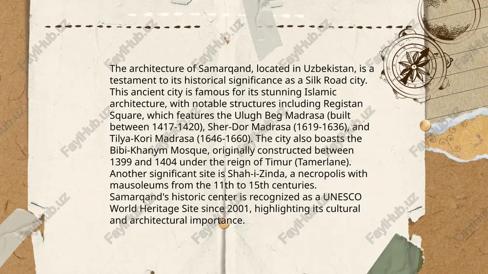 um**: resting place of timur, built in 1404, noted for its fluted azure dome. 5. **khodja abdi darun**: a revered islamic religious site, dating back to the 9th century. 6. **khodja abdi birun**: contains tombs of local islamic saints, showcasing 17th-century architecture. 7. **hazrat khizr mosque**: initially built in the 8th century, it is one of samarkand’s oldest mosques. 8. **imam al-bukhari mausoleum**: honors the famous islamic scholar, completed in the 1990s near samarkand. 9. **ishratkhana mausoleum**: 15th-century structure known for its intricate brickwork and historical significance. 10. **rukhabat mausoleum**: dates back to the 14th century, linked to revered figures in islamic history. ... t.me/slaydai_bot the mausoleum of gur-e-amir, located in samarkand, uzbekistan, is a significant architectural monument from the timurid era. constructed in the early 15th century, it serves as the final resting place of the turco-mongol conqueror timur, also known as tamerlane. the structure features a distinctive azure …