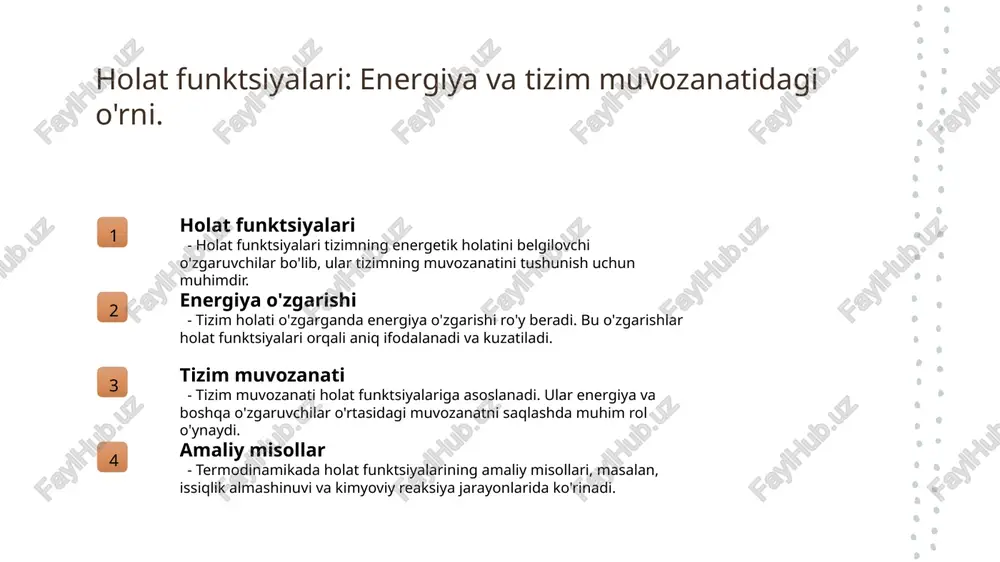 va muvozanat holatlarini tushunishda yordam beradi, tizimning xususiyatlarini aniqlashda muhim ahamiyatga ega. 3 amaliy qo'llanmalari termodinamik funksiyalar va holat o'zgaruvchilari turli sohalarda, jumladan, muhandislik, kimyo va ekologiyada keng qo'llaniladi, hamda rivojlanish uchun zarurdir. e'tiboringiz uchun rahmat!