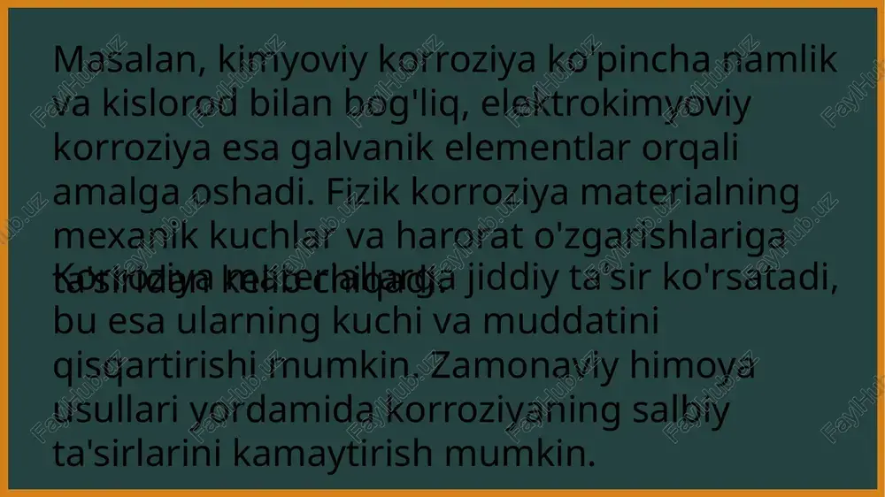 umlarning korroziyaga qarshi himoyasini kuchaytiradi va estetik ko'rinishini yaxshilaydi. har bir sohadagi talablar farq qiladi: qurilishda og'ir yuklarni ko'tarishi mumkin bo'lgan materiallar kerak bo'lsa, avtomobil sanoatida esa engil va bardoshli materiallar afzal ko'riladi. himoya materiallarining samaradorligi himoya materiallarining samaradorligini baholashda asosiy e'tibor ularning korroziyaga qarshi ta'sirini ko'rsatishga qaratilgan. galvanizatsiya, polimer qoplamalar va passivatsiya kabi materiallarning samaradorligini solishtirish maqsadida, statistik ma'lumotlar keltiriladi. 1. galvanizatsiya: ustki qismi sink bilan qoplangan temir yoki po'lat materiallar 98% gacha korroziyaga qarshi himoya ta'minlaydi. o'rtacha 20 yil muddat davomida samaradorligini saqlaydi. 2. polimer qoplamalar: epoksi yoki poliuretan kabi polimerlar 90% gacha kimyoviy qarshilik ko'rsatadi. ularning xizmat muddati 10-15 yilgacha, lekin qoplamasi yo'qolsa, tezda zararlanishi mumkin. 3. passivatsiya: metal yuzasida hosil bo'lgan passiv qoplama 80% gacha korroziyaga qarshi samarali himoya ta'minlaydi. bu qoplama 5-10 yil davomida faol bo'lib, ma'lum sharoitlarda samaradorligi o'zgarishi mumkin. kelajakda himoya materiallari zamonaviy texnologiyalar yordamida ishlab chiqilayotgan yangi himoya materiallari korroziyaga qarshi kurashda …