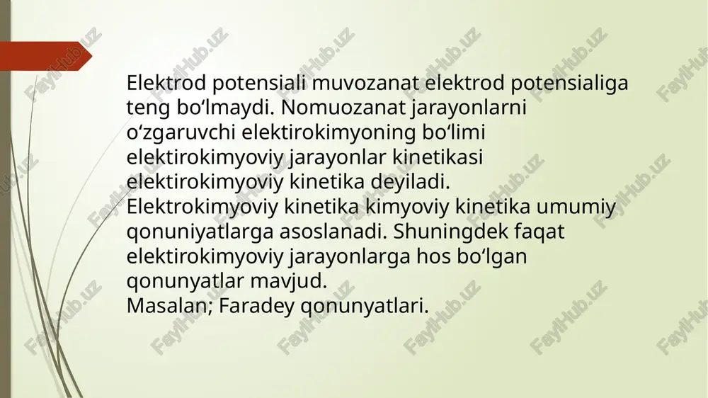 metall qismlarini elektrokimyoviy korroziyadan saqlash. 5. sanoat uskunalari: kimyo va farmatsevtika sanoati: korroziyaga chidamli uskunalar ishlatiladi, masalan, zanglamaydigan po‘lat reaktorlar. neft-gaz sanoati: quvurlar, rezervuarlar va platformalarni uzoq muddatli foydalanish uchun korroziyadan himoya qilish. 6. ilmiy-tadqiqot ishlari: elektrokimyoviy tahlillar: metalllarning korroziyaga chidamliligini baholash va yangi qotishmalarni sinovdan o‘tkazish. inhibitorlar ishlab chiqish: elektrokimyoviy jarayonlarni sekinlashtiruvchi kimyoviy moddalar yaratish. 7. qishloq xo‘jaligi: suvni sug‘orish tizimlarining quvurlari va nasoslarini korroziyadan saqlash. elektrokimyoviy jarayonlar xulosa qilib shuni aytish mumkinki elektrokimyoviy jarayonlar — bu kimyoviy reaktsiyalar va elektr energiyasi o‘rtasidagi bog‘liqlikni ifodalaydigan hodisalardir. ushbu jarayonlar elektr toki yordamida kimyoviy reaksiyalarni boshlash yoki kimyoviy reaksiyalar orqali elektr energiyasini hosil qilishga asoslangan. muhim tomonlari: 1. asosiy mexanizm: elektrod yuzalarida oksidlanish va qaytarilish reaksiyalari sodir bo‘ladi, bu jarayon ion va elektron almashinuvi bilan bog‘liq. 2. amaliy qo‘llanilishi: energetika: batareyalar, akkumulyatorlar va yonilg‘i elementlarida elektr energiyasini hosil qilish. elektroliz: metallarning tozaligi, qoplama hosil qilish va kimyoviy birikmalar olishda qo‘llaniladi. korroziyaga …
