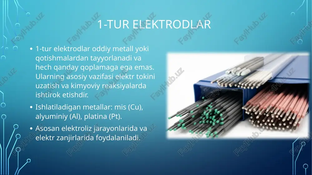 perkondensatorlar uchun karbon asosli elektrodlar ishlatilmoqda. elektrodlarni modernizatsiya qilish yo‘nalishlari matn: kelajakda elektrodlar uchun quyidagi modernizatsiya yo‘nalishlari kutilmoqda: materiallar: yangi qotishmalar va o‘z-o‘zidan tiklanadigan materiallar. uglerod nanotubalar asosidagi elektrodlar. jarayonlar samaradorligi: ishlab chiqarish texnologiyasini optimallashtirish. elektr tokini uzatishdagi yo‘qotishlarni kamaytirish. ekologik moslashuv: elektrodlarni qayta ishlash tizimlari yaratish. kam energiya sarflaydigan ishlab chiqarish usullari. elektrodlarning innovatsion ishlanmalari so‘nggi yillarda elektrodlar bo‘yicha innovatsiyalar quyidagilarni o‘z ichiga oladi: supero‘tkazuvchi elektrodlar: elektr tokini qarshiliksiz o‘tkazish imkoniyatiga ega. grafen asosidagi elektrodlar: yuqori chidamlilik va samaradorlik bilan ajralib turadi. plazma elektrodlar: yuqori haroratlarda barqaror ishlash imkoniyatini beradi. misol: elektrodlarning termoyadro energetikasida qo‘llanilishi. mobil qurilmalar uchun yuqori samarali elektrodlar. xulosa va tavsiyalar xulosa: elektrodlar energetika, sanoat va ekologiya uchun asosiy texnologik yechimlardan biri hisoblanadi. zamonaviy elektrodlar yuqori samaradorlik va barqarorlikni ta'minlash uchun rivojlantirilmoqda. tavsiyalar: elektrodlarni ishlab chiqarishda ekologik toza materiallardan foydalanish. yangi texnologiyalarni joriy etish orqali energiya tejamkorligini oshirish. ishlatilgan elektrodlarni qayta ishlash tizimini yo‘lga qo‘yish. image2.png …