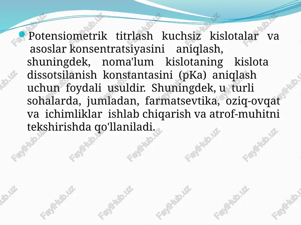 ariga nisbatan bir qancha afzalliklarga ega: 1. yuqori aniqlik: potensiometrik titrlash, ayniqsa, boshqa titrlash usullari bilan solishtirganda yuqori aniq natijalar beradi. buning sababi shundaki, u ikkita elektrod orasidagi potentsial farqni o'lchaydi, bu konsentratsiyadagi o'zgarishlarga juda sezgir. 2. keng koʻlamli ilovalar: potensiometrik titrlash turli xil birikmalar, jumladan kislotalar, asoslar va oksidlanish-qaytarilish-aktiv birikmalarning kontsentratsiyasini aniqlash uchun ishlatilishi mumkin. 3. buzilmaydigan: potensiometrik titrlash buzilmaydigan usuldir, ya'ni tahlil paytida namuna iste'mol qilinmaydi. bu uni qimmat yoki cheklangan namunalarni tahlil qilish uchun ideal qiladi. 4. ko‘p qirrali: potensiometrik titrlash turli xil sharoitlarda, jumladan, laboratoriyada, dalada va sanoatda qo‘llanilishi mumkin. 5. avtomatlashtirish: potensiometrik titrlash osonlik bilan avtomatlashtirilishi mumkin, bu esa yuqori mahsuldorlikni tahlil qilish va inson xatosi ehtimolini kamaytirish imkonini beradi. umuman olganda, potentsiometrik titrlash juda aniq, ko'p qirrali va turli xil birikmalarning kontsentratsiyasini aniqlash uchun buzilmaydigan usuldir. agar doimiy potentsialga ega bo‘lgan elektrod (masalan, normal vodorod elektrod yoki normal kalomel elektrod) hamda ionlar kontsentratsiyasi o‘zgarib …