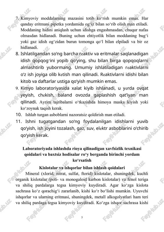 hganda portlovchi aralashmalar hosil qiladi. 1. dietil efir, petroley efir, atseton, uglerod sulfid, benzol va boshqa oson alangalanadigan moddalarni gorelka alangasida, elektr plitkalarda, ochiq idishda bug‘latish va qizdirish mumkin emas. oson alangalanadigan suyuqliklar suvli sovitgich ulangan kolbada oldindan isitib qo‘yilgan suv hammomi bilan isituvchi asboblardan uzoqda isitiladi. 2. oson alangalanuvchan moddalar (efir, petroley efir, atseton, uglerod sulfid, benzol, spirt) suvli sovitgichli asbobda haydash protsessi borayotgan joydan uzoqda isitib keltirilgan suv xammomi yordamida haydaladi. 3. oson alangalanuvchan moddalar solingan asboblarni bir-biridan ajratishdan oldin ular yaqinidagi gorelkalarni o‘chirish kerak. 4. oson alangalanuvchan moddalarni kanalizatsiyaga, axlat solinadigan chelak va yashikka to‘kmaslik kerak. ularga tasodifan chaqilgan gugurt cho‘pi tashlansa, yong‘in chiqishi mumkin. 5. oson alangalanuvchan moddalarni oxirigacha haydamaslik kerak, chunki ko‘p moddalar (dietil efir, dioksan) portlovchi peroksidlar hosil qiladi. ular qizdirilganda va havo ta`sirida portlaydi. efir bug‘i havodan og‘irroq bo‘ladi va pastga tomon tushadi. shuning uchun sovitgich yaxshi ishlamaganda yoki efir qattiq qaynab ketganda …