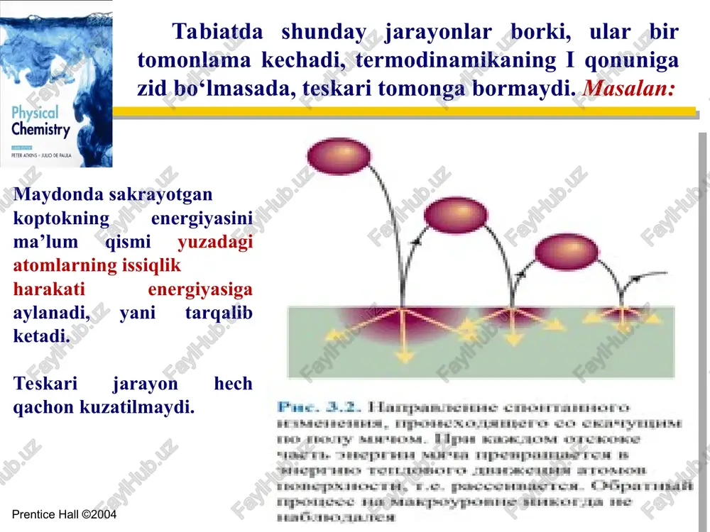 g o‘zida ishga aylanmaydi. buning uchun issiqlikni issiqlik manbaidan olib, ishga aylantiradigan ishchi jism bo‘lishi kerak. masalan, issiqlik gazga (ishchi jism) berilsa, u kengayib ish bajaradi. davomli ish qilish uchun gazni uzluksiz kengaytirish kerak, lekin bu mumkin emas. demak, gaz yana kengayib ish bajarishi uchun, u siqilishi kerak, ya'ni ishchi jism davriy ravishda kengayib-siqilib o‘zgarishi kerak. agar gaz biror haroratda kengaytirilsa va natijada ish bajarsa, u yana shu haroratda siqilishi, kengaytirilganda bajarilgan ishga teng ish sarflanishi kerak. buni isboti sifatida issiqlikni ishga aylantirish jarayonini ko’rib chiqamiz: prentice hall ©2004 misol tariqasida, ideal gazning izotermik ravishda kengayib, so’ng siqilib oldingi holatiga qaytishini kuzataylik. gaz porshenli idishda (faraz qilaylik) bo’lib, porshen ideal, ya‘ni og’irligi yo’q va ishqalanishga uchramaydigan bo’lsin. uning kengayishi va siqilishi 1- rasmda grafik shaklida tasvirlangan. egri chiziq gazning muvozanat holatiga mansub, yoki uzluksiz muvozanat holatlari birlashtirilgan, ya‘ni muvozanatda ma‘lum hajmga ma'lum bosim to’g’ri keladi (boyl-mariott qonuni bo‗yicha): chapter 18 …