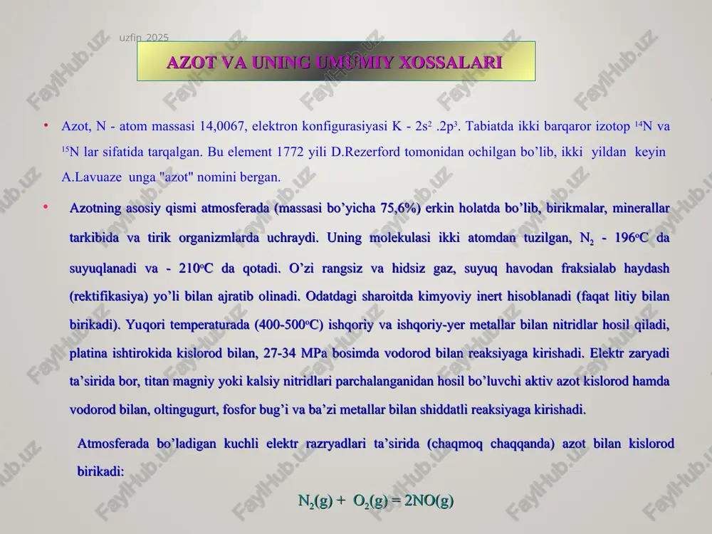digan moddalardan hisoblanadi. qo'rg'oshin azid pb (n3)2 portlovchi moddalar uchun detonator sifatida ishlatiladi. azidovodorod bilan kuchli vodorod xlorid aralashmasidan oltin yoki platinani eritish maqsadida foydalaniladi azot oksidlari. azot elektrmanfiyligi jihatidan faqat ftor bilan kisloroddan keyinda turishi ma’lum . uning oksid va oksianionlaridagi oksidlanish darajasi +1 dan + 5 ga boradi. a zotning o ltita oksidi m a’lum b o'lib , bular quyidagilardir: n2o , no , n2o3, no2, n2o4, n2o5 azot oksidlari gaz, suyuqlik va kristall holda uchraydi, rangsiz yoki qo'ng'ir rangga ega. a zot gipoksidi — n2o yoqimli hidga ega, uni «xushnud qiluvchi gaz» deb ham ataladi. v odorod am m iak, uglerod (ii) oksid va organik birikm alar bilan portlashga m oyil aralashm alar hosil qiladi. u am­moniy nitrat nh4no3 ni termik parchalash yo'li bilan olinadi: azot oksidlari. n2o — hozirgi vaqtda tibbiyotda, aerozol va ko'pik hosil qiluvchi moddalar ishlab chiqarishda qo'llaniladi. azot (ii) oksid (monoksid) no — …