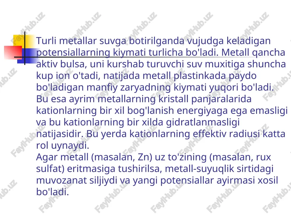 ktrodlar galvanometr orqali tutashtirilgan. bunda elektronlar aktiv metalldan (zn) noaktiv metallga (cu) tomon yo'naladi. agar elektrolit eritmalar o'zaro birlashtirilmasa, pyx sulfat eritmasida musbat zaryadlangan zn ionlari, mis sulfat eritmasida manfiy zaryadlangan so42- ionlari tuplanadi, bu esa prosessning davom etishiga karshilik kursatadi. shuning uchun ikkala idishdagi eritmalar elektrolit eritmasi bilan tuldirilgan naycha yoki yarim utkazgich tusik yordamida tutashtiriladi. elektrod va ularning turlari. elektrodlar ikki xil bo'ladi: 1) erimaydigan - ularga grafit, platina, oltin kiradi (erimaydigan elektrodlar ximiyaviy prosessda ishtirok etmaydi, ular faqat elektron utkazgich vazifasini utaydi.); 2) eriydigan elektrodlar jumlasiga yuqorida kursatilgan metallardan boshqa xamma metall elektrodlar kiradi. bu elektrodlar elektrolizda anod sifatida kullanilganida eritmaga uz ionlarini berib, erib ketadi. eruvchan anod elektroddan foydalanib, toza metallar olinadi. bunda elektroliz prosessi tozalanayotgan metall to'zining eritmasida olib borilishi kerak. sanoatda tuzlarning eritmalarini elektroliz qilib, cu, zn, cd, ni, so, mn va boshqa metallar olinadi. bu metod yordamida bir metall boshqa metall bilan koplanadi. …