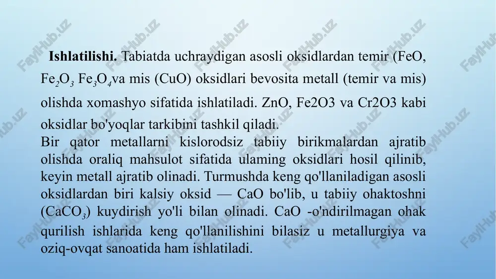 2+h2so4=baso4+2hno3 na2sio3+2hcl=h2sio3¯+2nacl 2nacl+h2so4(kons.)=na2so4+2hcl kimyoviy xossalari indikatorlar ta’siri: lakmus – qizil, fenoldtalein – rangsiz, metiloranj – lola rang. asoslar bilan (neytrallanish reaksiyasi): h2so4+2koh = k2so4+2h2o 2hno3+ca(oh)2 = ca(no3)2+2h2o asosli oksidlar bilan: cuo+2hno3 = cu(no3)2+h2o metallar bilan (o’rin olish): zn+2hcl = zncl2+h2­ 2al+6hcl = 2alcl3+3h2­ tuzlar bilan (almashinish reaksiyalari), bu reaksiyalarda cho‘kma yoki gaz hosil bo‘ladi: h2so4+bacl2 = baso4¯+2hcl 2hcl+k2co3 = 2kcl+h2o+co2 asoslar – deb tarkibida metall atomi va gidroksil gruppalari tutgan murakkab moddalarga aytiladi. elektrolitik dissotsiasiya nazariyasiga binoan asoslar dissotsialanganda metall kationi (yoki nh4+) va gidroksid – anionlarini hosil qiladigan murakkab moddalarga aytiladi. asoslarning umumiy formulasi – me(oh)n bo’lib, me – metall atomi, n – gidroksil gruppalar soni (metallning valentligiga qarab). nomlanishi. ishqoriy metallar bilan hosil qilgan birikmalari “ishqorlar”, qolgan metallar bilan hosil qilgan birikmalari esa “asoslar” deb ataladi. klassifikatsiyasi. suvda eruvchan (ishqorlar), suvda erimaydigan va amfoter asoslarga bo‘linadi. amfoter asoslar kuchsiz kislota xossasini namoyon etadi. olinishi. aktiv metallar (ishqoriy va …